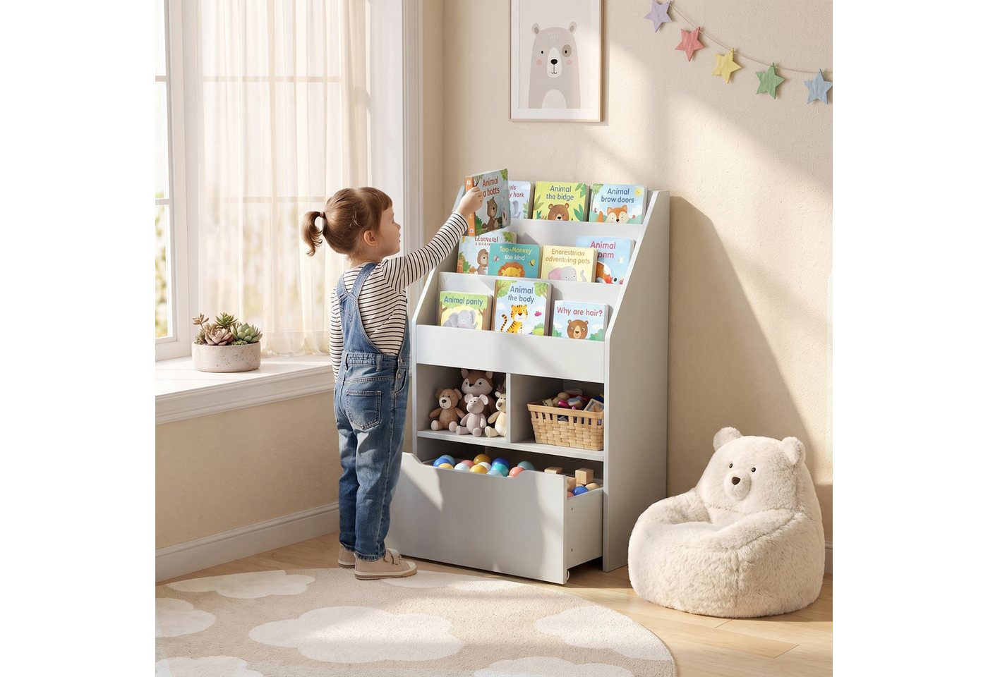 HOMCOM Kinderregal Kinder Bücherregal mit Schublade, 3 Ablagefächern, Aufbewahrungsregal 1-tlg., für Kinderzimmer, Spielzimmer, Grau, 60 x 29,9 x 90 cm – Bild 2 von 5