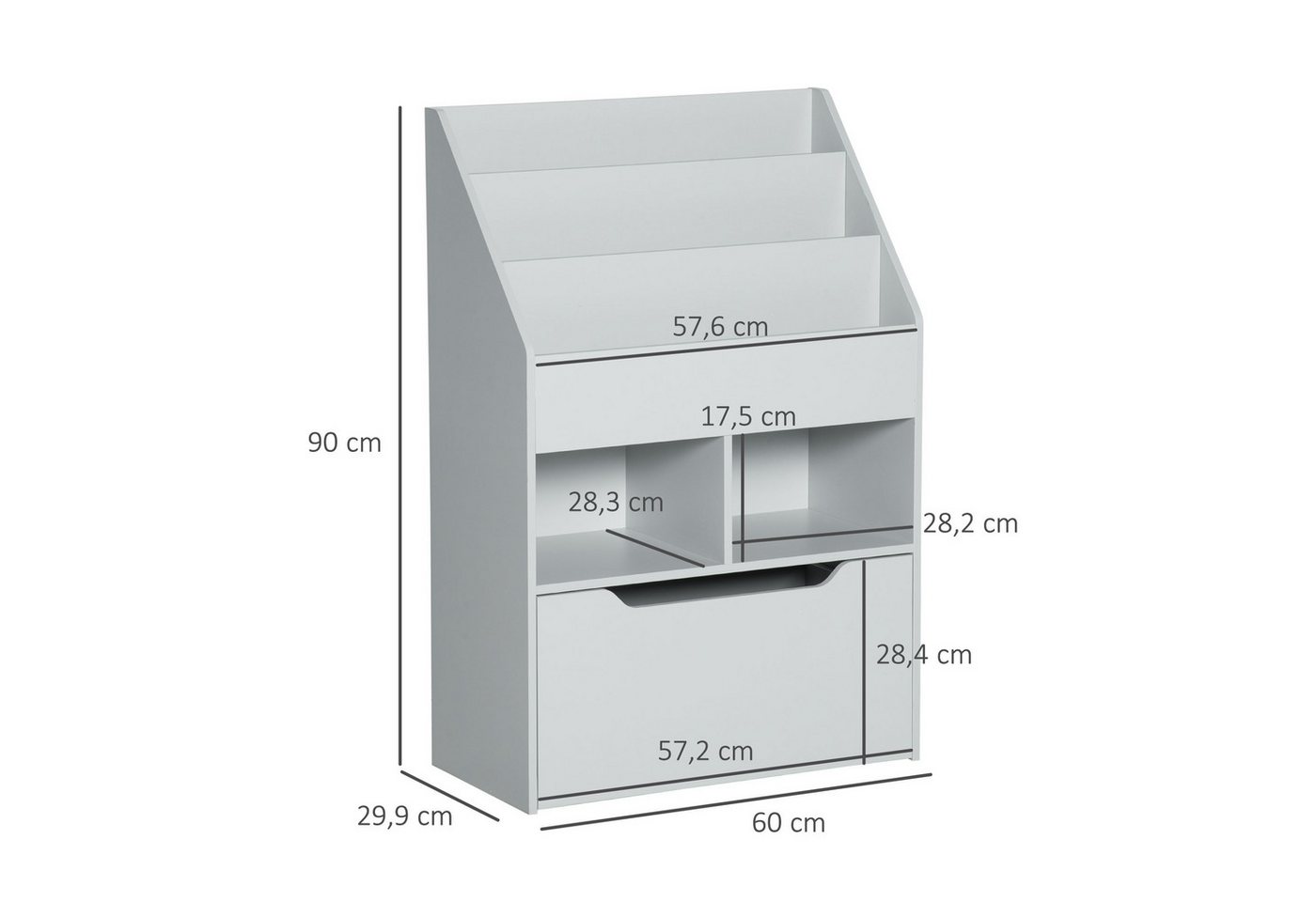 HOMCOM Kinderregal Kinder Bücherregal mit Schublade, 3 Ablagefächern, Aufbewahrungsregal 1-tlg., für Kinderzimmer, Spielzimmer, Grau, 60 x 29,9 x 90 cm – Bild 3 von 5
