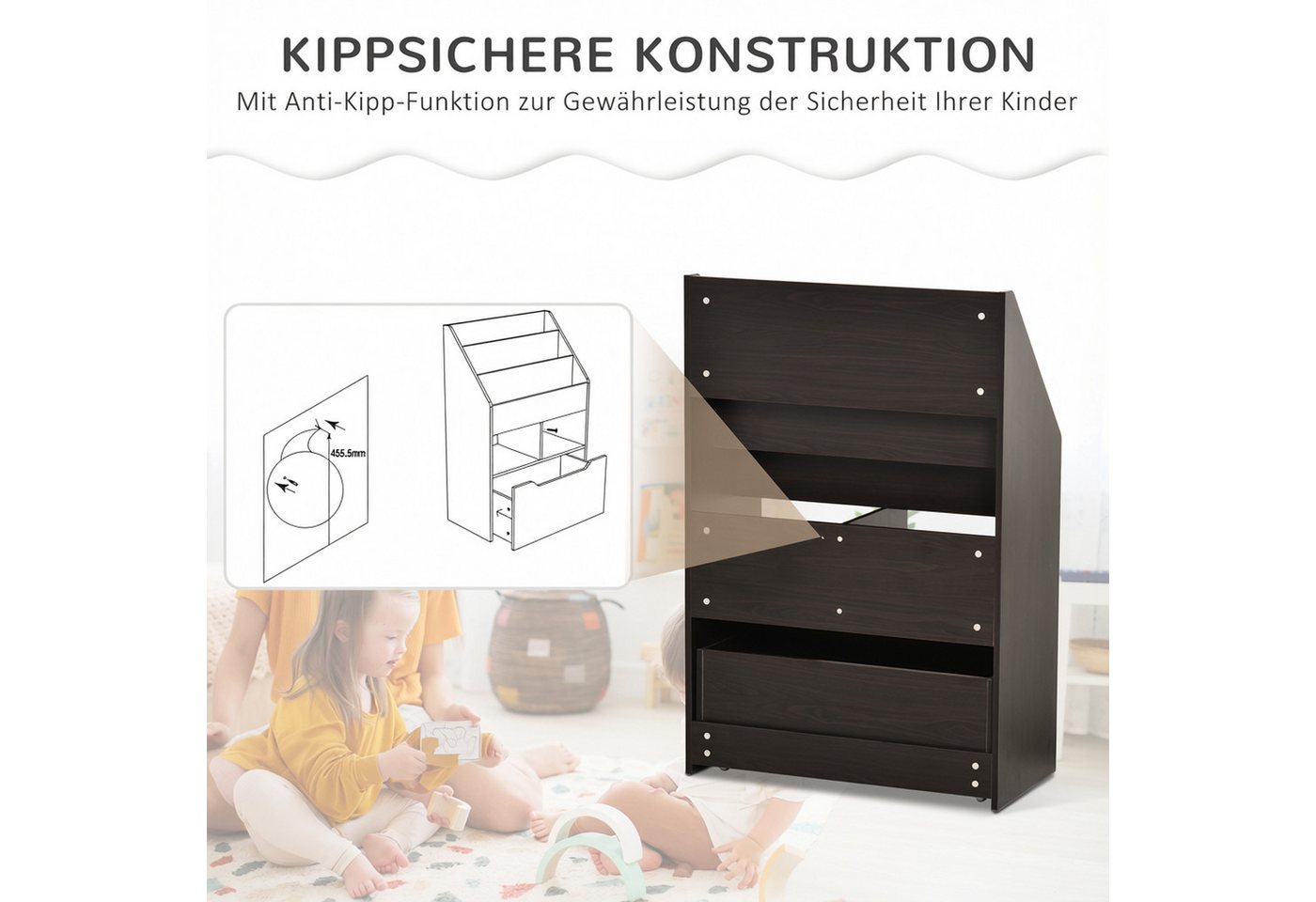 HOMCOM Kinderregal Kinder Bücherregal mit Schublade, 3 Ablagefächern, Aufbewahrungsregal 1-tlg., für Kinderzimmer, Spielzimmer, Grau, 60 x 29,9 x 90 cm – Bild 4 von 5