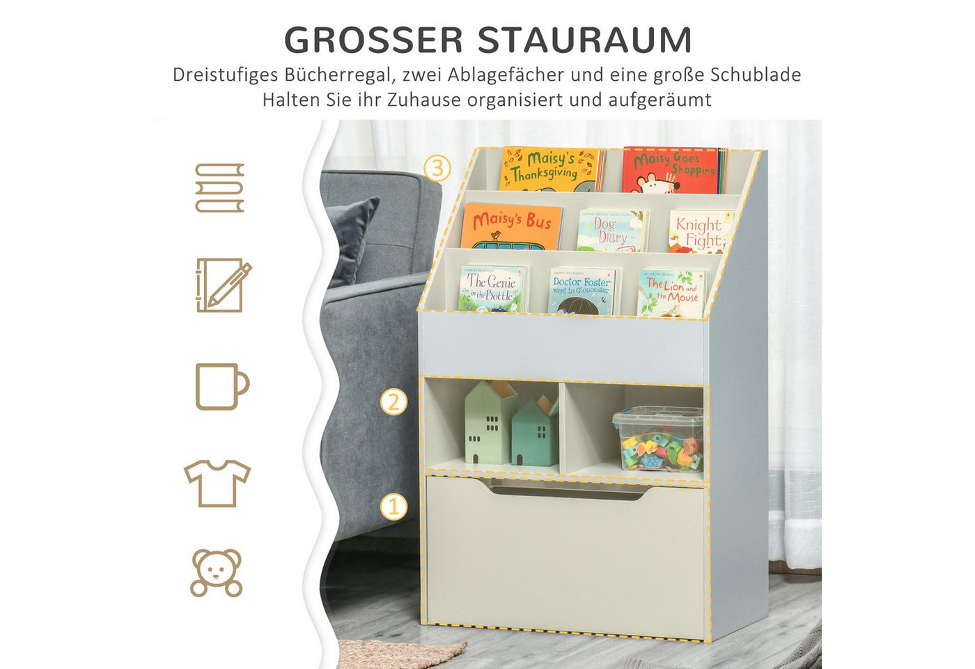 HOMCOM Kinderregal Kinder Bücherregal mit Schublade, 3 Ablagefächern, Aufbewahrungsregal 1-tlg., für Kinderzimmer, Spielzimmer, Grau, 60 x 29,9 x 90 cm – Bild 5 von 5