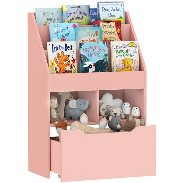 HOMCOM Kinderregal Kinder Bücherregal mit Schublade, 3 Ablagefächern, Aufbewahrungsregal 1-tlg., für Kinderzimmer, Spielzimmer, Rosa, 60 x 29,9 x 90 cm