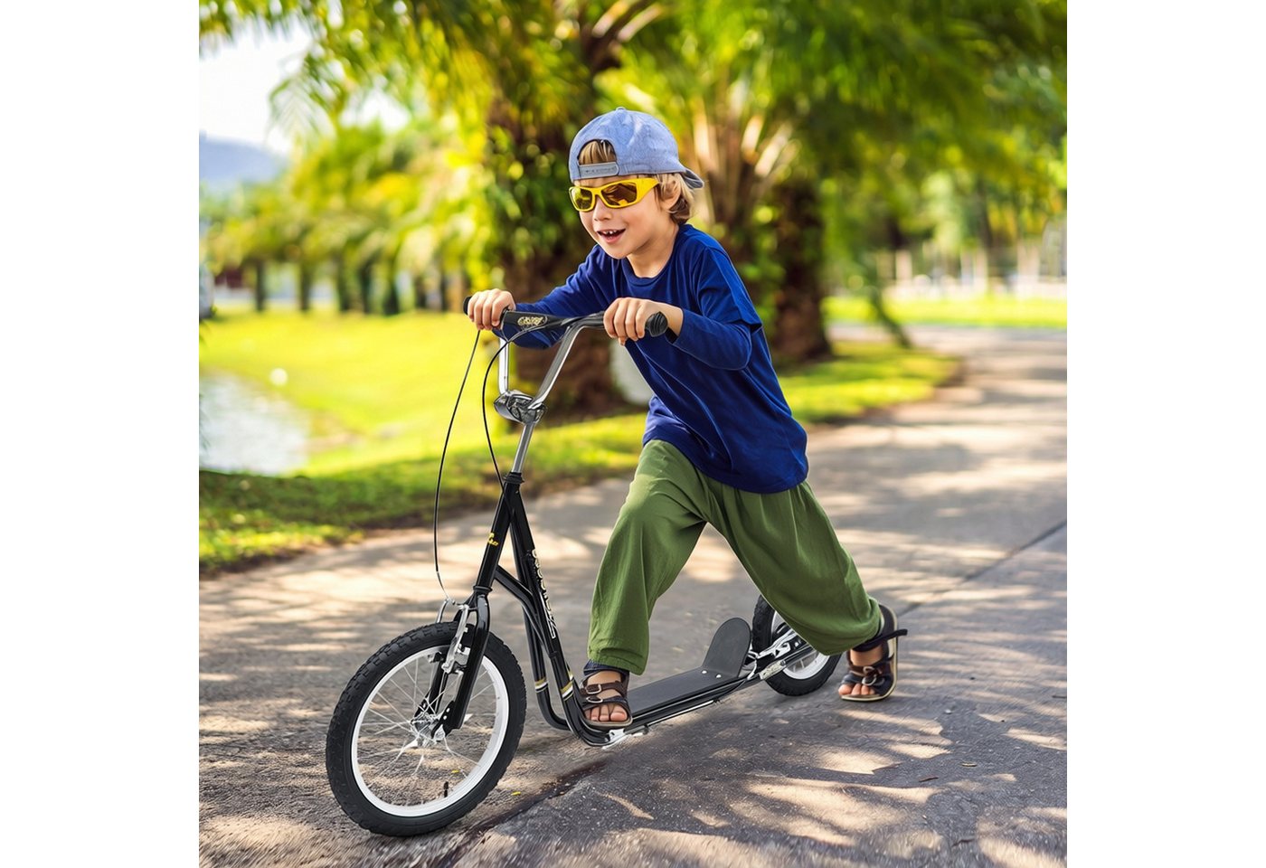 HOMCOM Kinderroller 16 Zoll Scooter Tretroller mit Bremsen für Kinder ab 5 Jahren, Kickboard Schwarz 135x58x92-100 cm Aosom.de – Bild 2 von 2