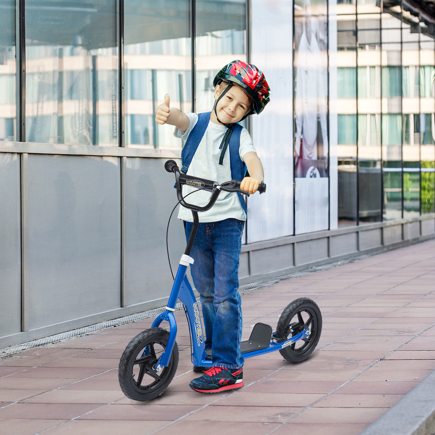 HOMCOM Kinderroller City Roller 12 Zoll mit Hinterbremse höhenverstellbar aus Stahl & EVA in Blau 120x52x80-88 cm Aosom.de – Bild 2 von 2