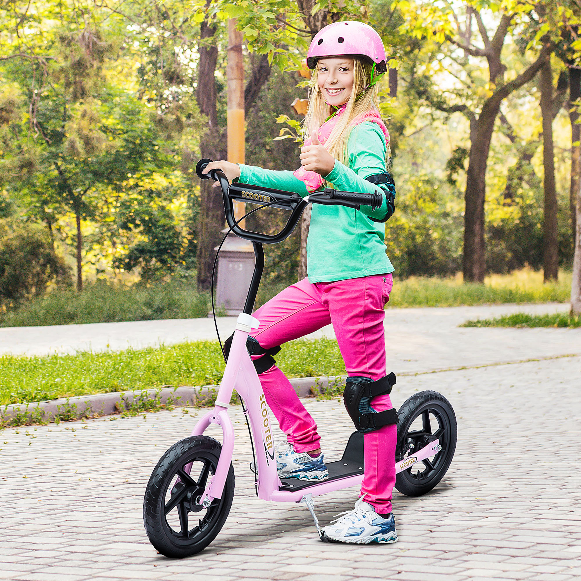 HOMCOM Kinderroller Kickscooter 12 Zoll mit Hinterbremse, Höhenverstellbarer Tretroller in Rosa, Stahl & EVA, für Kinder Aosom – Bild 2 von 2