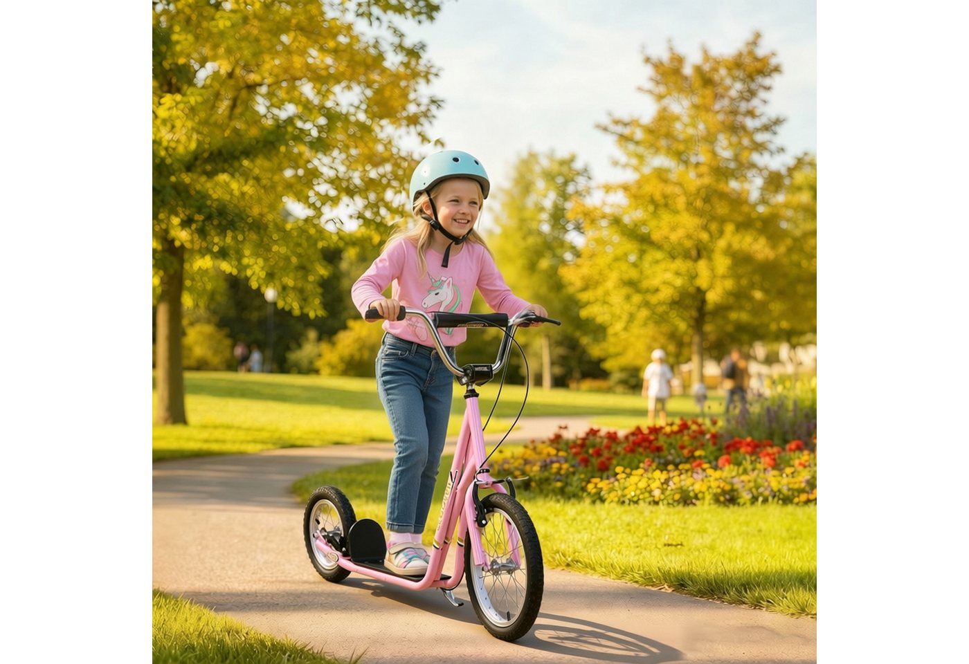 HOMCOM Kinderroller mit Bremsen 16/12 Zoll Tretroller Kickboard für 5+ Jahre in Rosa, Cityroller 135 x 58 x 92-100 cm Aosom.de – Bild 2 von 5