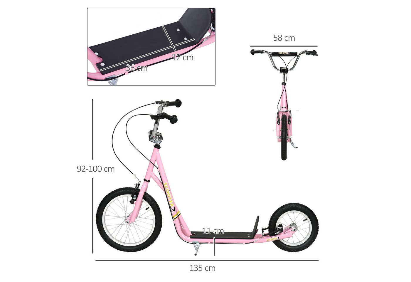 HOMCOM Kinderroller mit Bremsen 16/12 Zoll Tretroller Kickboard für 5+ Jahre in Rosa, Cityroller 135 x 58 x 92-100 cm Aosom.de – Bild 3 von 5