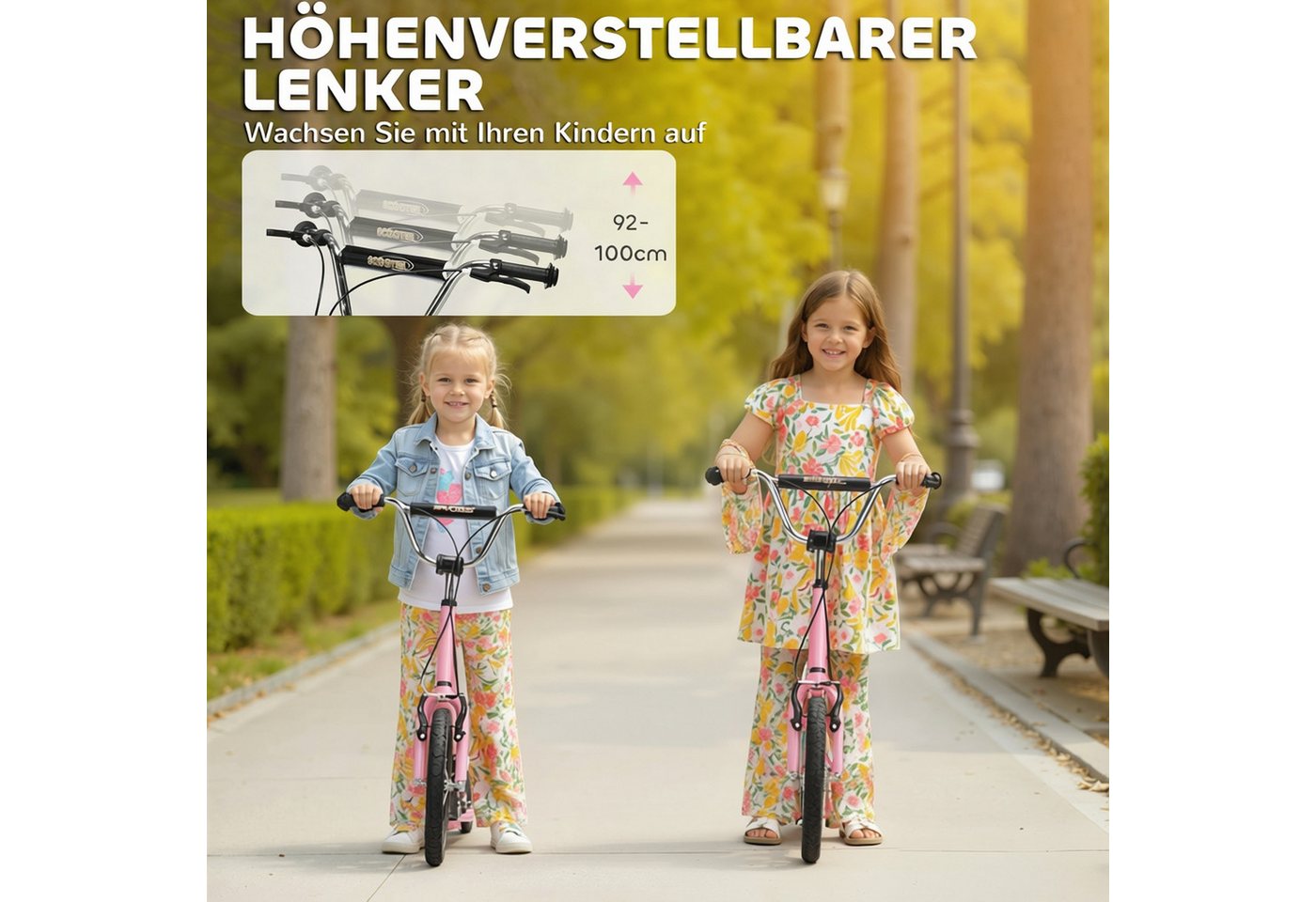 HOMCOM Kinderroller mit Bremsen 16/12 Zoll Tretroller Kickboard für 5+ Jahre in Rosa, Cityroller 135 x 58 x 92-100 cm Aosom.de – Bild 5 von 5