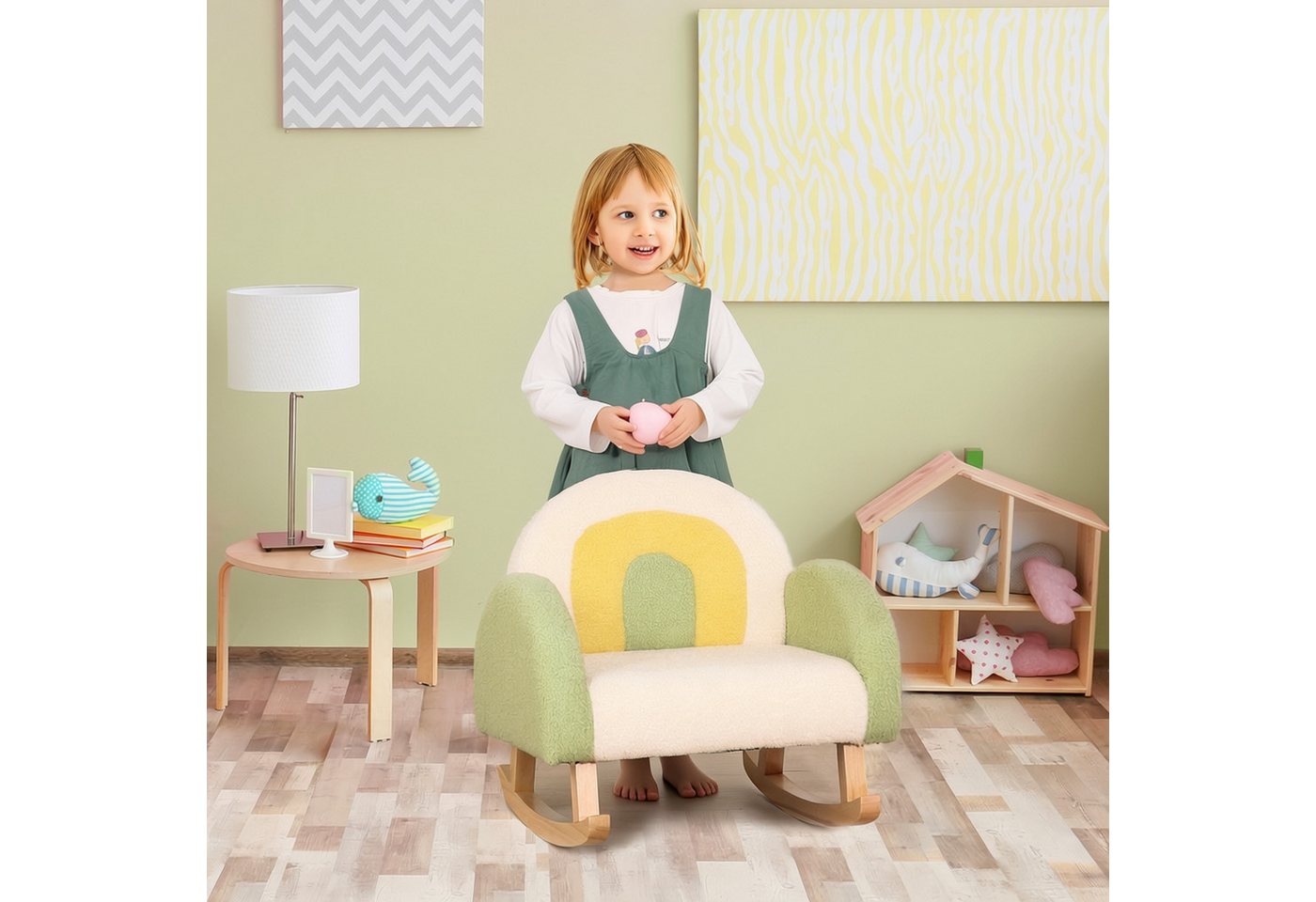 HOMCOM Kindersessel Kindersofa, Kinderstuhl mit Lammwolle-Optik, massiven Holzfüßen (Kindersofa, 1-St., Kindercouch), Grün 50 x 45 x 44 cm – Bild 2 von 5