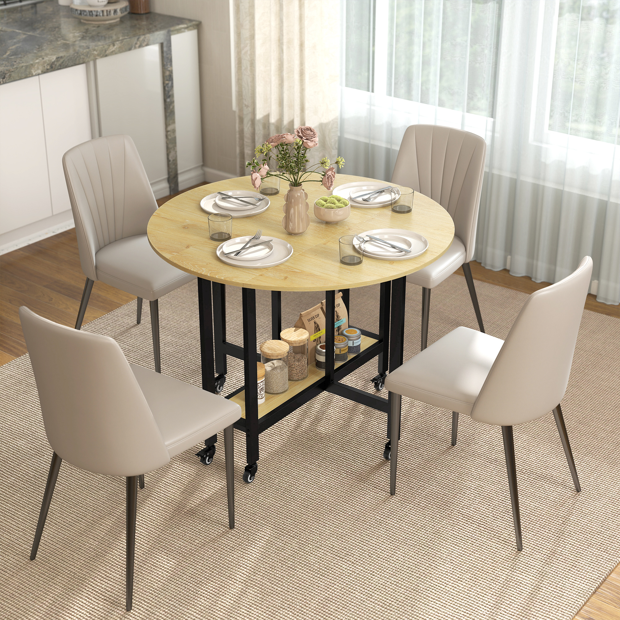 HOMCOM Klapp-Esstisch auf Rollen, runder Küchentisch für 4 Personen mit 2 Klappen und unterer Ablage, für kleine Räume, Esszimmer, 100 x 100 x 75 cm, Eiche Aoso – Bild 2 von 2
