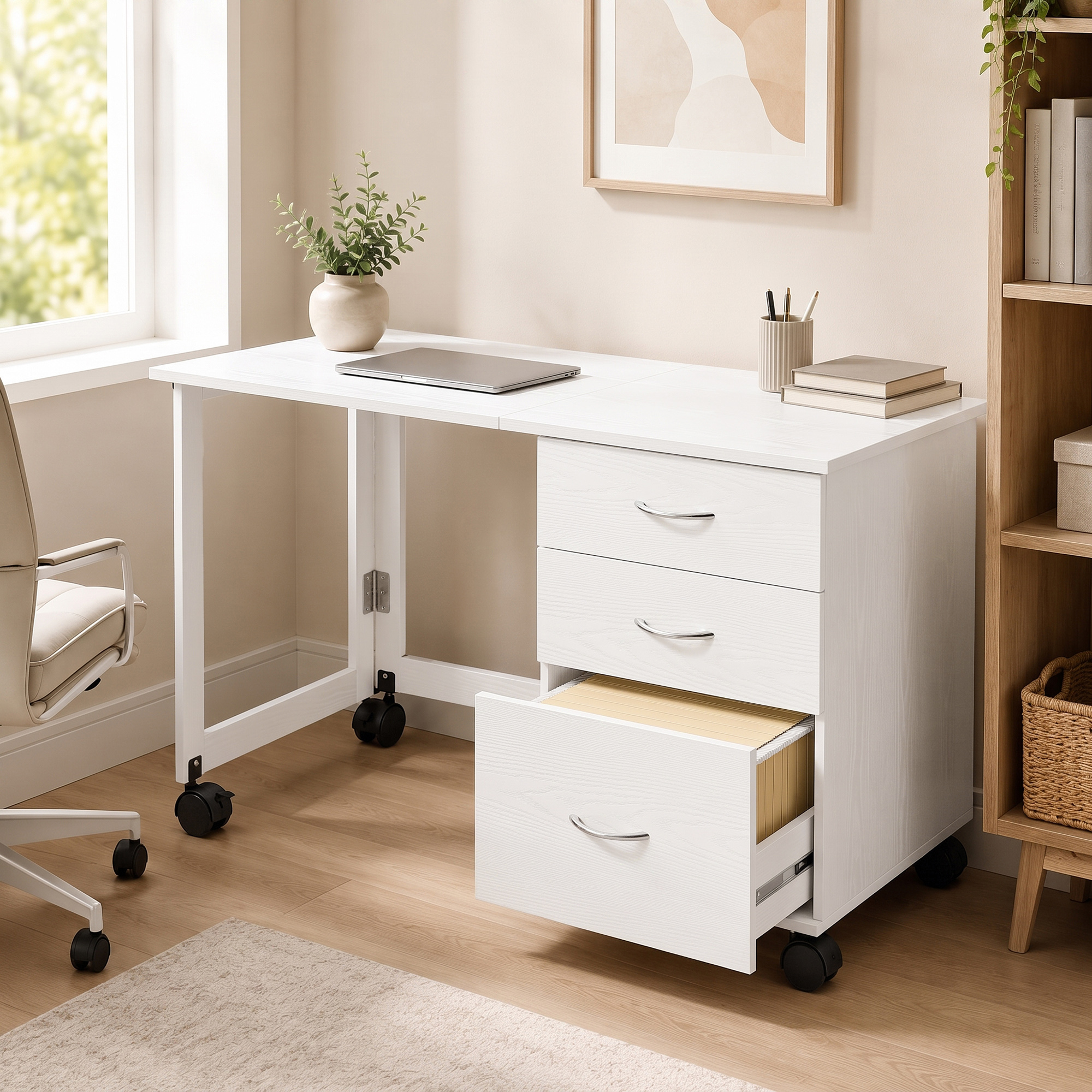 HOMCOM Klapp-Schreibtisch mit 3 Schubladen, 6 Rollen, platzsparender Bürotisch mit A4/Letter-Führungen, PC-Tisch für Büro Arbeitszimmer Schlafzimmer 107x50x72cm – Bild 2 von 2