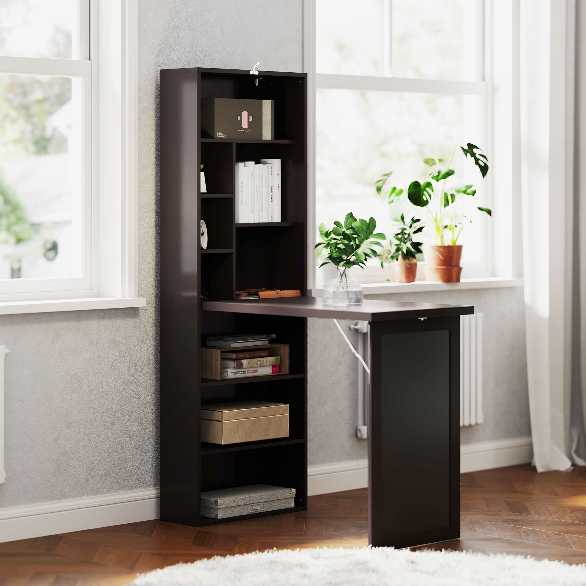 HOMCOM Klappbarer Computertisch mit Stauraum, Wandtisch mit Bücherregal, Arbeitsplatz, Kreidetafel und höhenverstellbarem Regal, braun Aosom – Bild 2 von 2