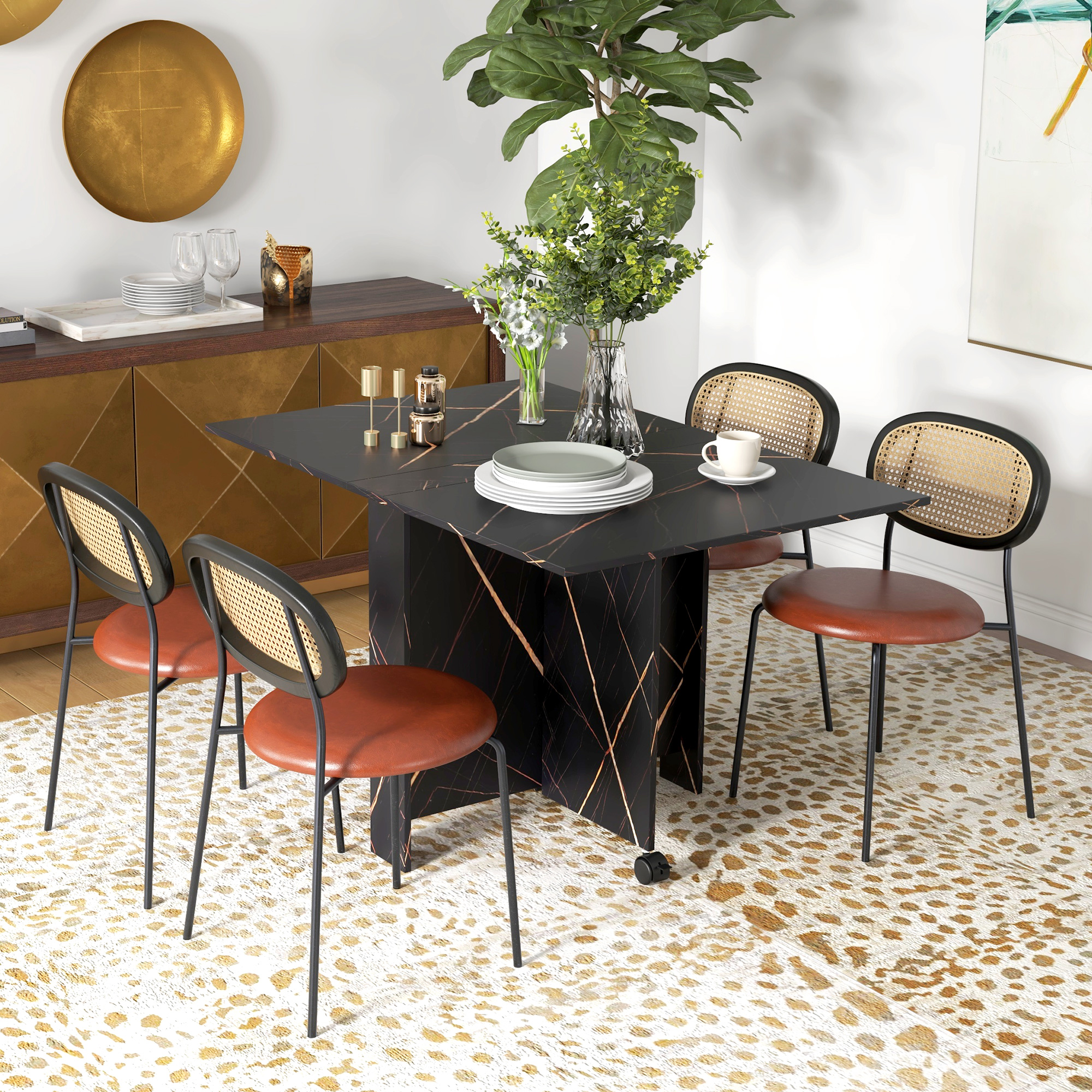 HOMCOM Klappbarer Küchentisch, ausziehbarer Esstisch, mit 2 Klappen, 2 Bremsrollen, für 6 Personen, Belastung 20 kg, 120 x 80 x 73 cm, schwarz marmoriert Aosom – Bild 2 von 2