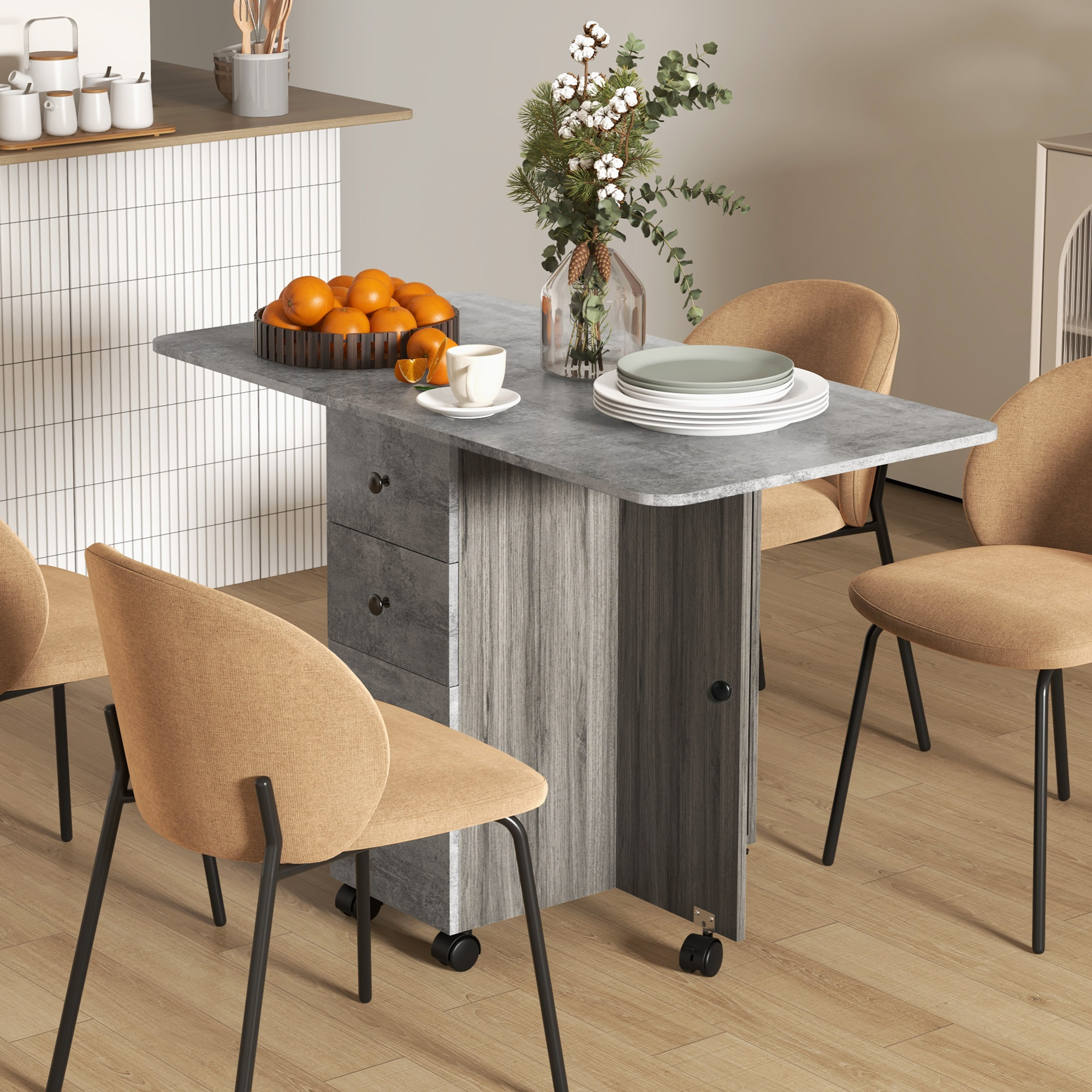 HOMCOM Klappbarer Küchentisch, klappbarer Esstisch mit 2 klappbaren Platten, 2 Schubladen, 1 Schrank und 1 Ablagefach, 120 x 60 x 76,5 cm - Grau Aosom – Bild 2 von 2