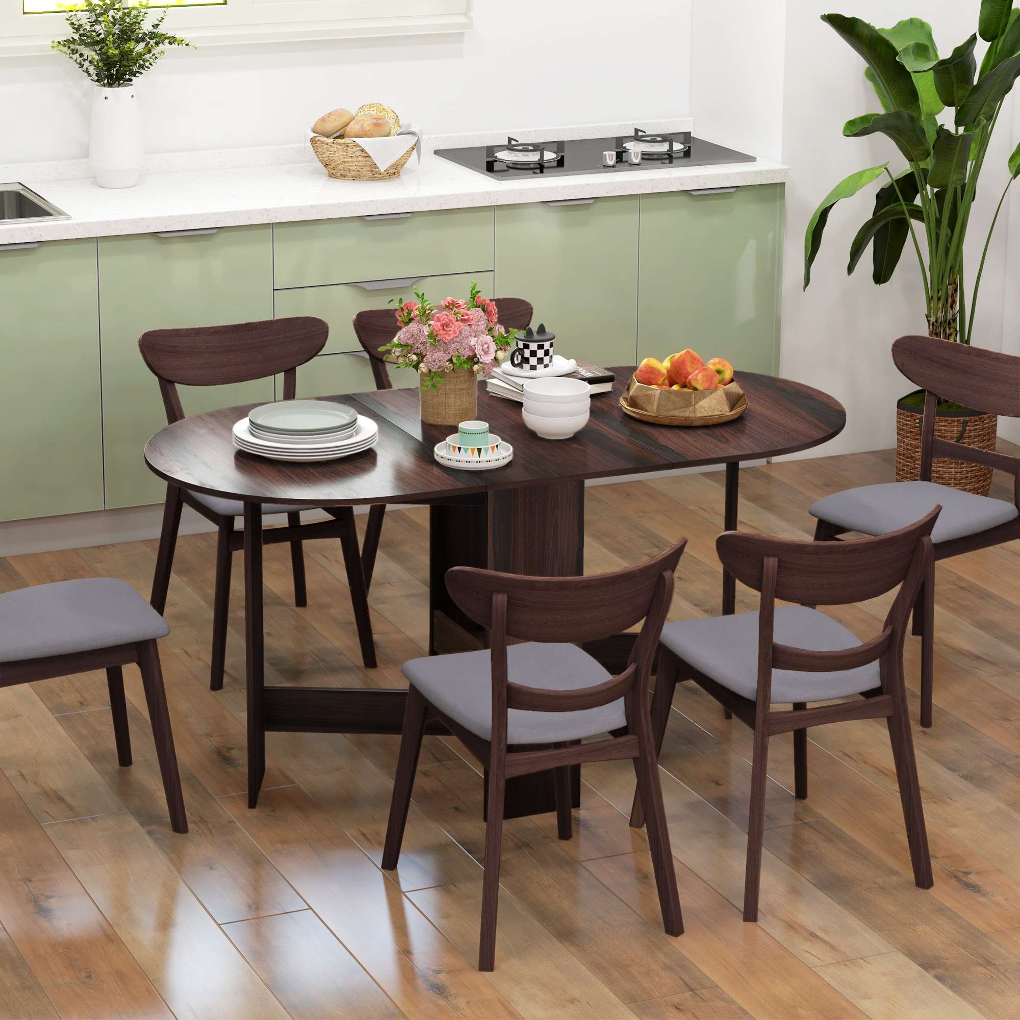 HOMCOM Klappbarer Tisch mit 2 Ovalen Klappen, Platzsparender Holztisch für Esszimmer und Küche, Braun Aosom – Bild 2 von 2
