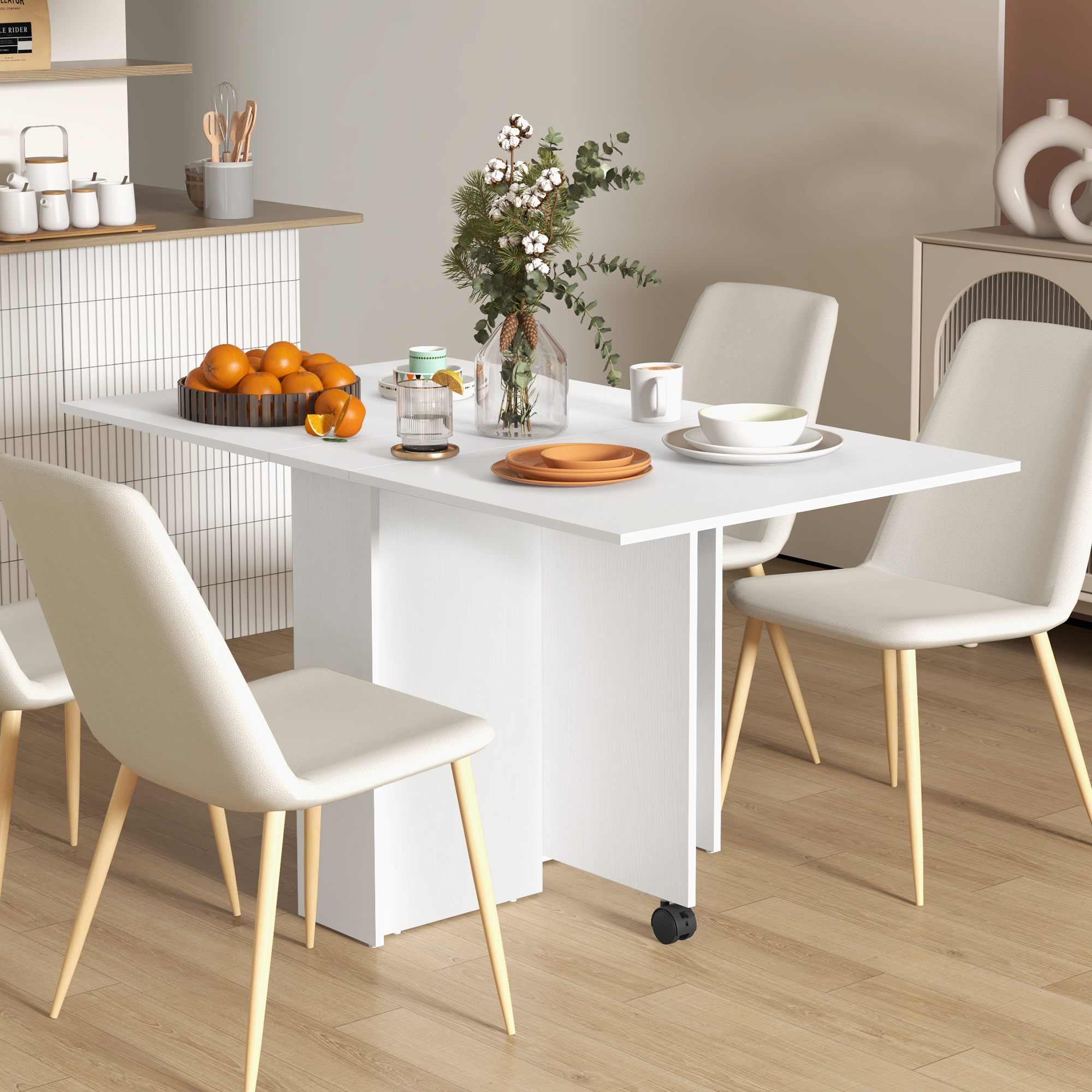 HOMCOM Klappbarer Tisch mit Rollen, Design Esstisch, Platzsparend, Modernes Design, mit Rollen, Regale, 140 × 80 × 74cm, Weiß Aosom – Bild 2 von 2