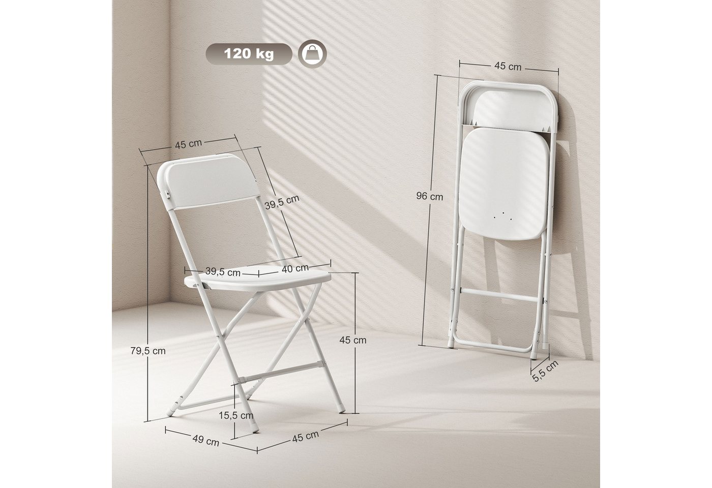 HOMCOM Klappstuhl Küchenstuhl mit Ablauflöchern, Stahlgestell Faltstuhl bis 120 kg (Bürostuhl, 6 St), für Esszimmer, Wohnzimmer, Weiß – Bild 3 von 5