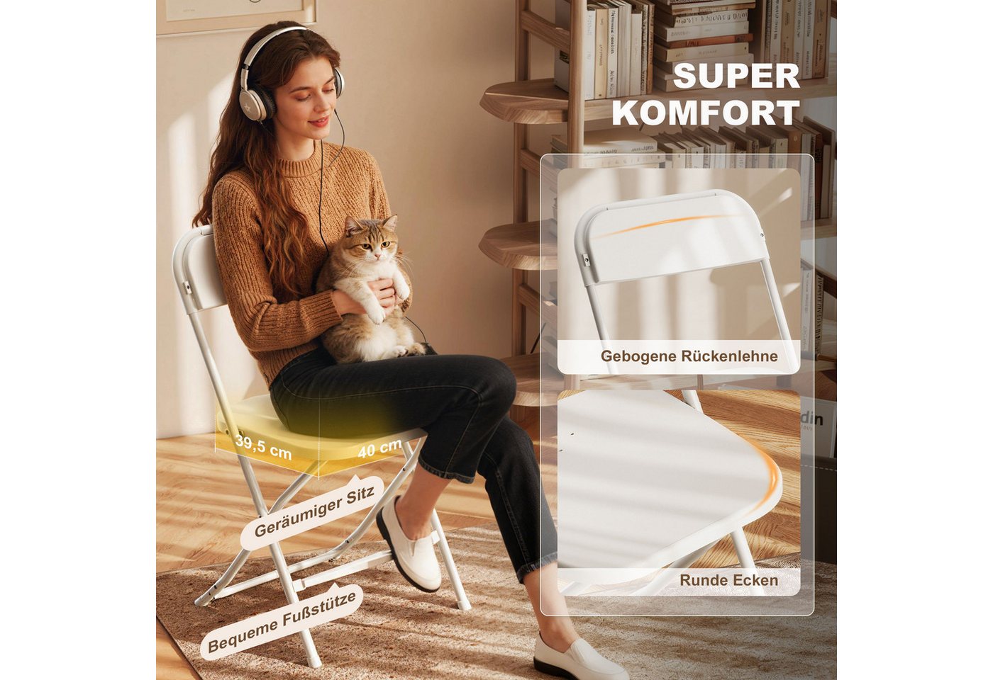 HOMCOM Klappstuhl Küchenstuhl mit Ablauflöchern, Stahlgestell Faltstuhl bis 120 kg (Bürostuhl, 6 St), für Esszimmer, Wohnzimmer, Weiß – Bild 4 von 5