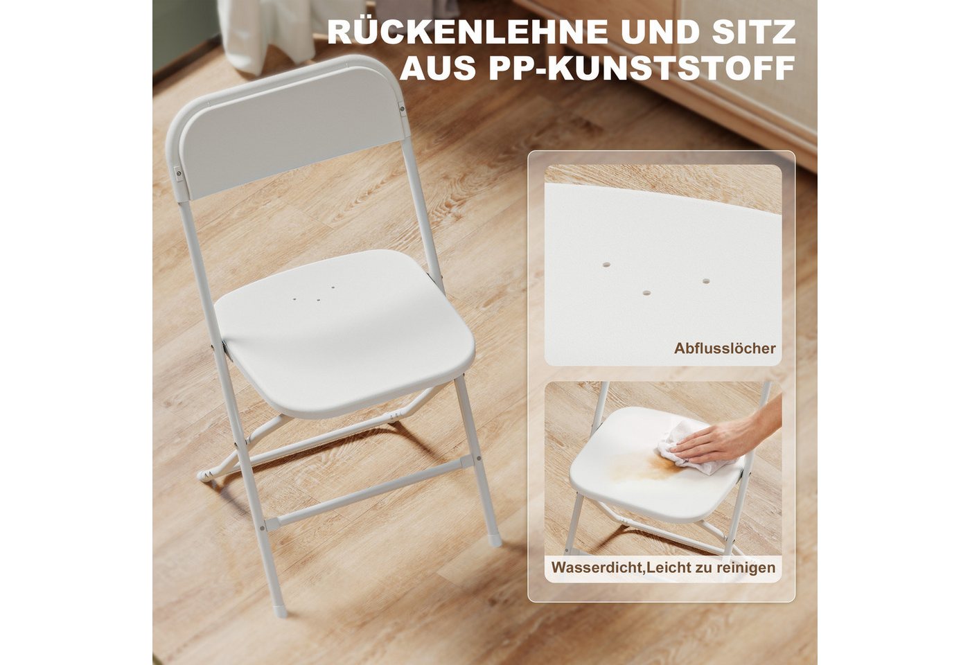 HOMCOM Klappstuhl Küchenstuhl mit Ablauflöchern, Stahlgestell Faltstuhl bis 120 kg (Bürostuhl, 6 St), für Esszimmer, Wohnzimmer, Weiß – Bild 5 von 5