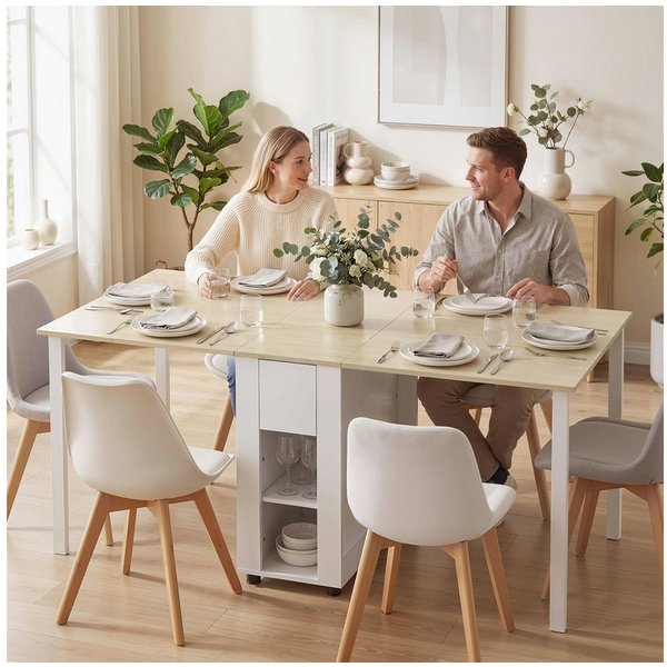 HOMCOM Klapptisch 2 Schubladen, 4 Ablagen für bis zu 6 Personen, mit Holzbeinen (Esstisch, 1-St., Küchentisch), Esszimmertisch