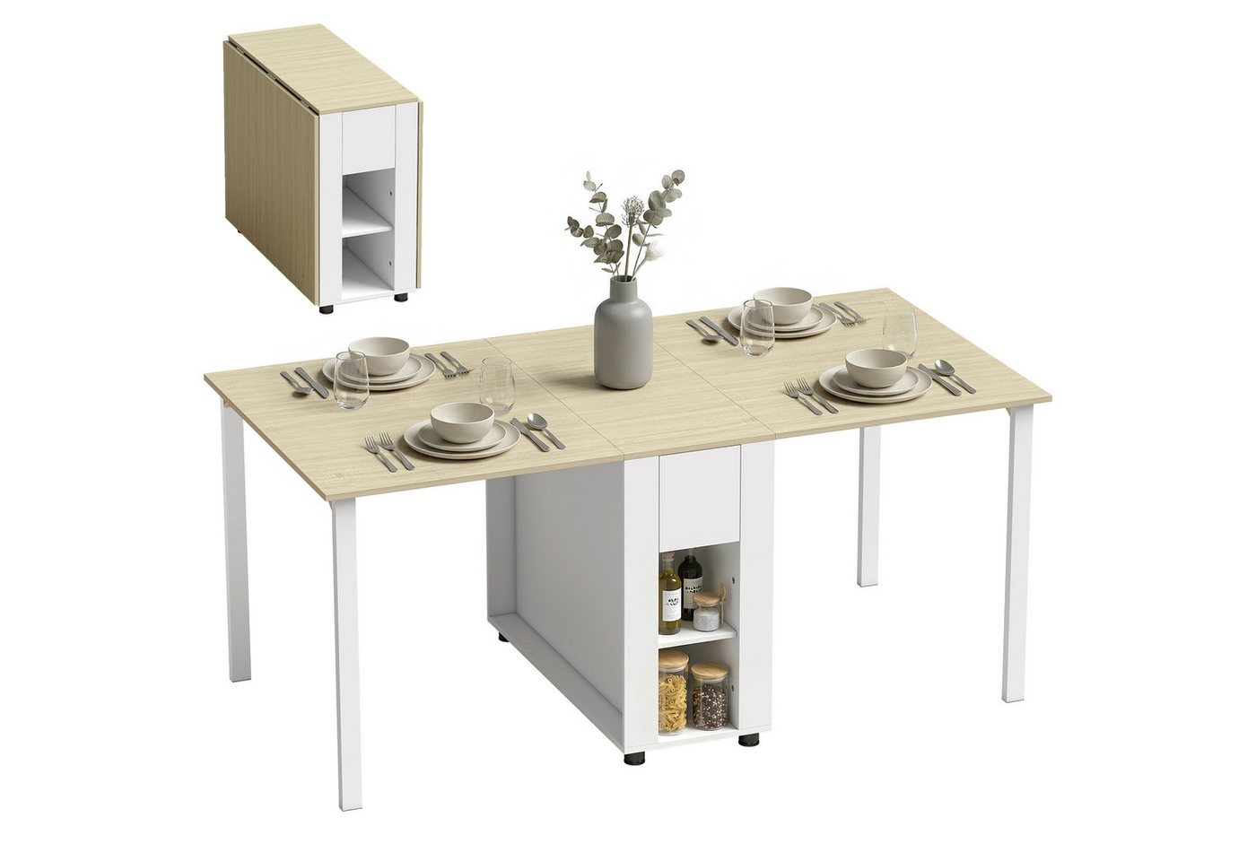 HOMCOM Klapptisch 2 Schubladen, 4 Ablagen für bis zu 6 Personen, mit Holzbeinen (Esstisch, 1-St., Küchentisch), Esszimmertisch – Bild 2 von 5