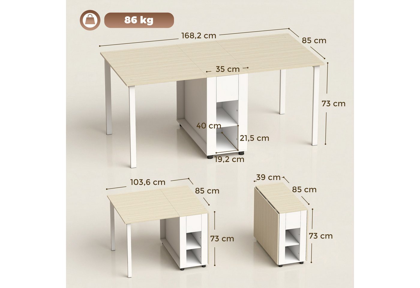 HOMCOM Klapptisch 2 Schubladen, 4 Ablagen für bis zu 6 Personen, mit Holzbeinen (Esstisch, 1-St., Küchentisch), Esszimmertisch – Bild 3 von 5