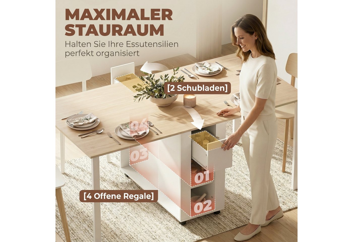 HOMCOM Klapptisch 2 Schubladen, 4 Ablagen für bis zu 6 Personen, mit Holzbeinen (Esstisch, 1-St., Küchentisch), Esszimmertisch – Bild 4 von 5
