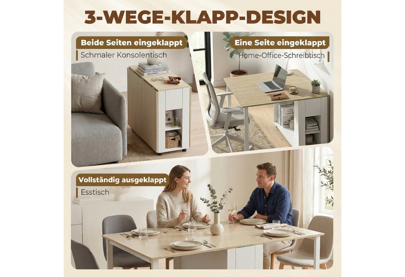 HOMCOM Klapptisch 2 Schubladen, 4 Ablagen für bis zu 6 Personen, mit Holzbeinen (Esstisch, 1-St., Küchentisch), Esszimmertisch – Bild 5 von 5