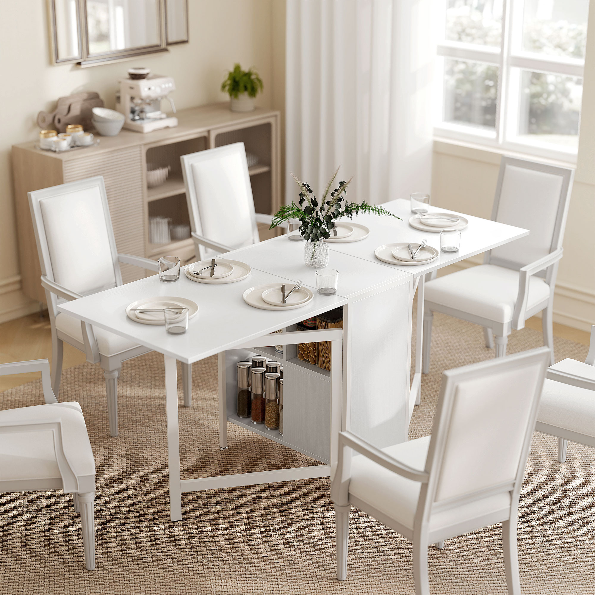 HOMCOM Klapptisch Esszimmer, Klappbarer Küchentisch mit Klappflügeln, 4 Fächer, 3 Varianten, Bis zu 4 Personen, für Wohnzimmer, Kleine Räume, 169x60x75 cm, Weiß – Bild 2 von 2