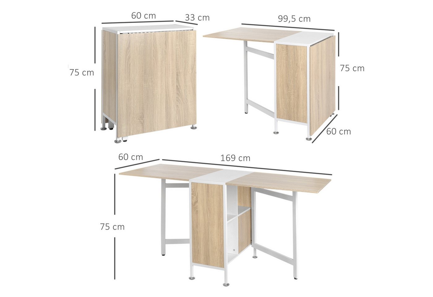 HOMCOM Klapptisch Klappbar Küchentisch mit Offenen Ablage, platzsparend (Esszimmertisch, 1-St., Esstisch), Natur+Weiß 169 x 60 x 75 cm – Bild 3 von 5