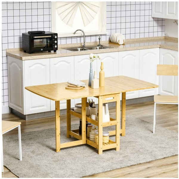 HOMCOM Klapptisch Klappbarer Esstisch mit Ablagen Küchentisch für kleine Räume (Kaffeetisch, 1-St., Esszimmertisch), Bambus Naturholz 149,5 x 80 x 73,5 cm