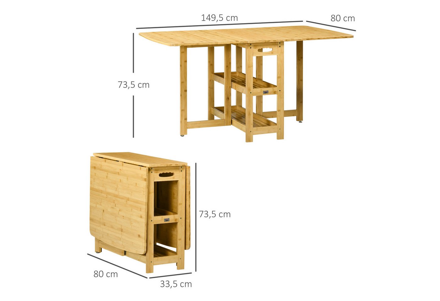 HOMCOM Klapptisch Klappbarer Esstisch mit Ablagen Küchentisch für kleine Räume (Kaffeetisch, 1-St., Esszimmertisch), Bambus Naturholz 149,5 x 80 x 73,5 cm – Bild 3 von 5