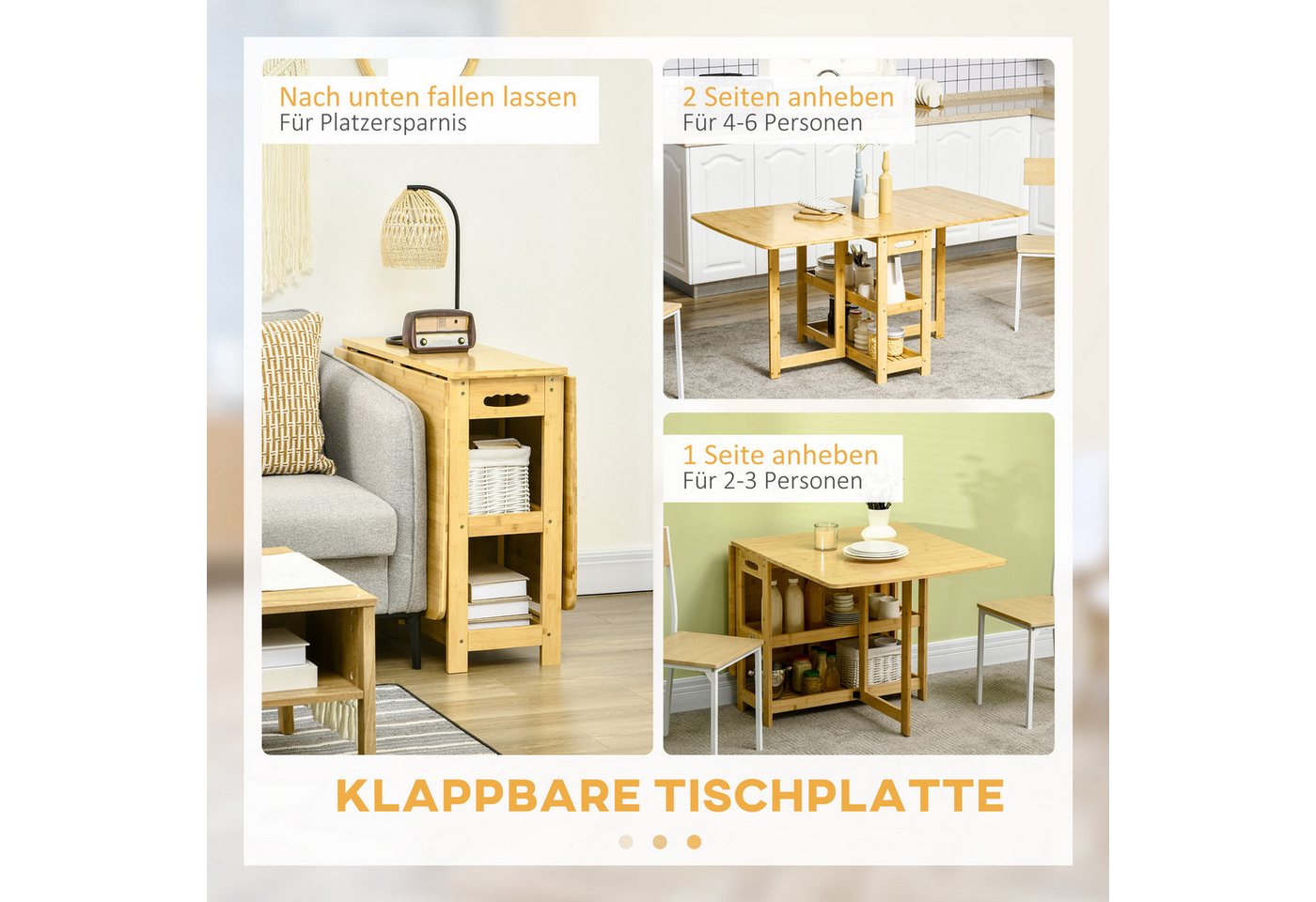 HOMCOM Klapptisch Klappbarer Esstisch mit Ablagen Küchentisch für kleine Räume (Kaffeetisch, 1-St., Esszimmertisch), Bambus Naturholz 149,5 x 80 x 73,5 cm – Bild 5 von 5