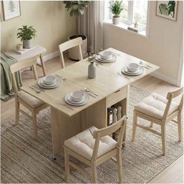 HOMCOM Klapptisch Küchentisch mit Schublade und 2 Ablagen, Moderner Esszimmertisch (Moderner Esszimmertisch, Esstisch Klappbar), für Kleine Räume, Esszimmer, Kü