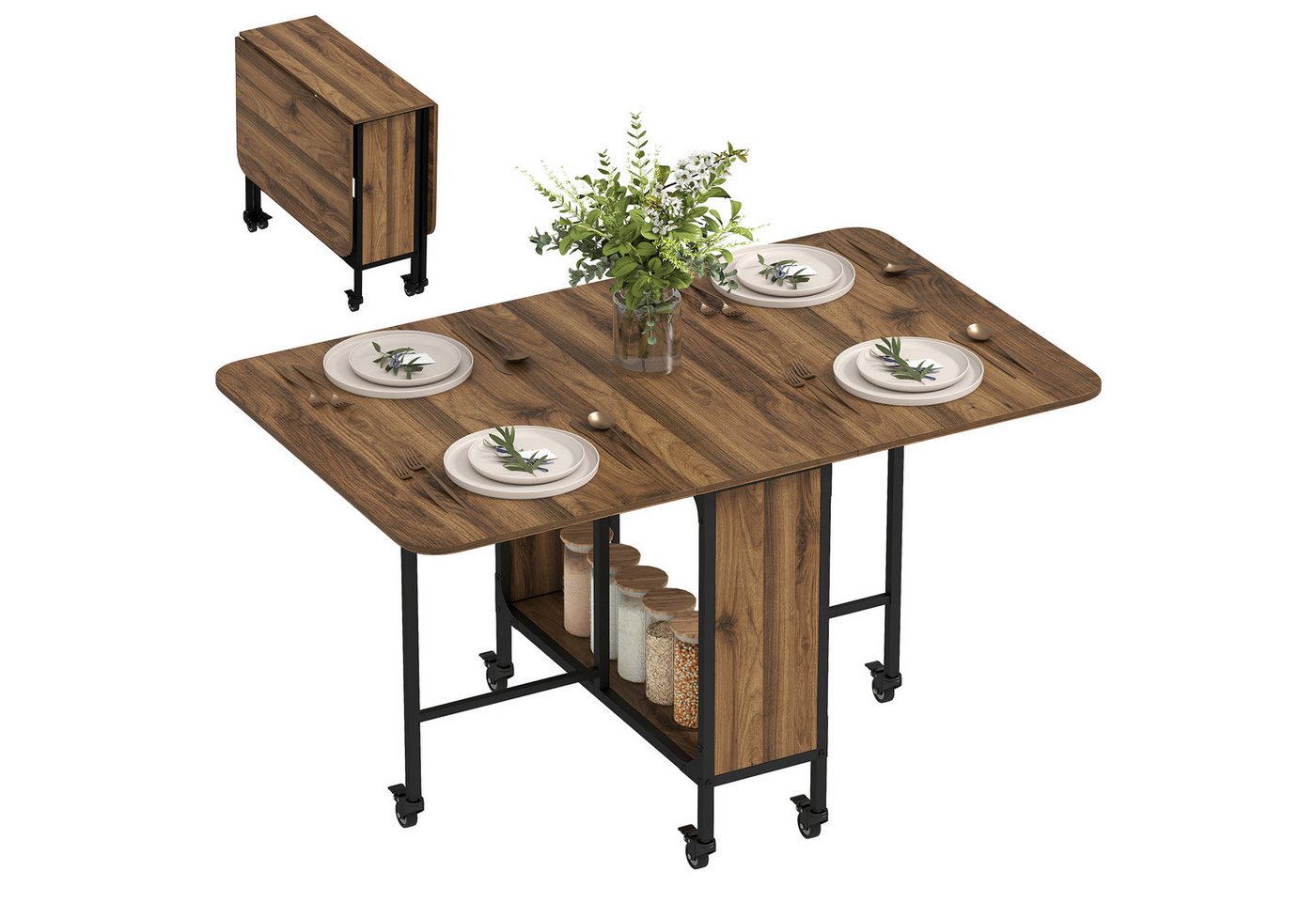 HOMCOM Klapptisch Mobiler mit offenem Regal, Holzoptik, für kleine Räume (Küchentisch, 1-St., Esstisch), für Wohnzimmer, Braun – Bild 2 von 5
