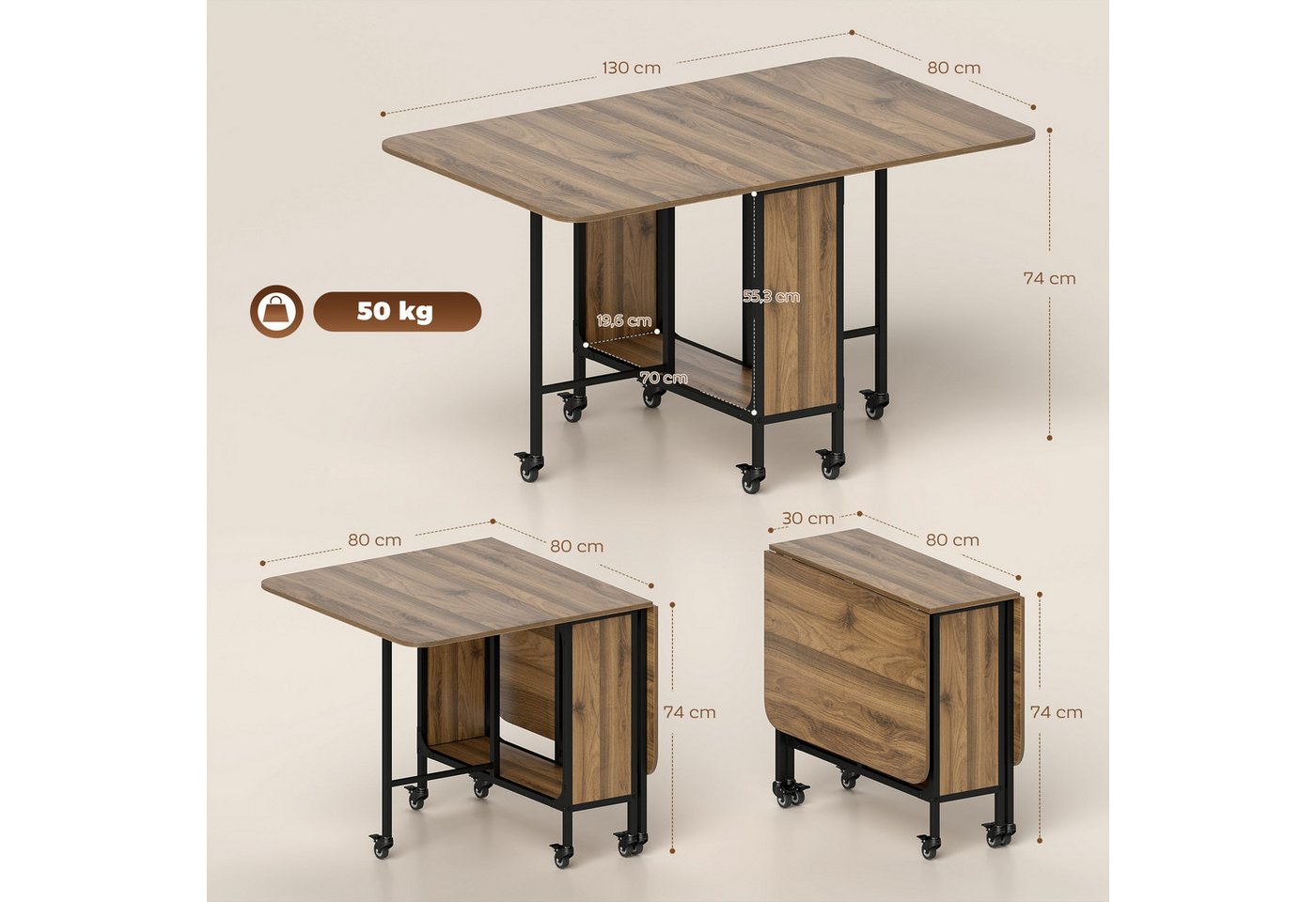 HOMCOM Klapptisch Mobiler mit offenem Regal, Holzoptik, für kleine Räume (Küchentisch, 1-St., Esstisch), für Wohnzimmer, Braun – Bild 3 von 5