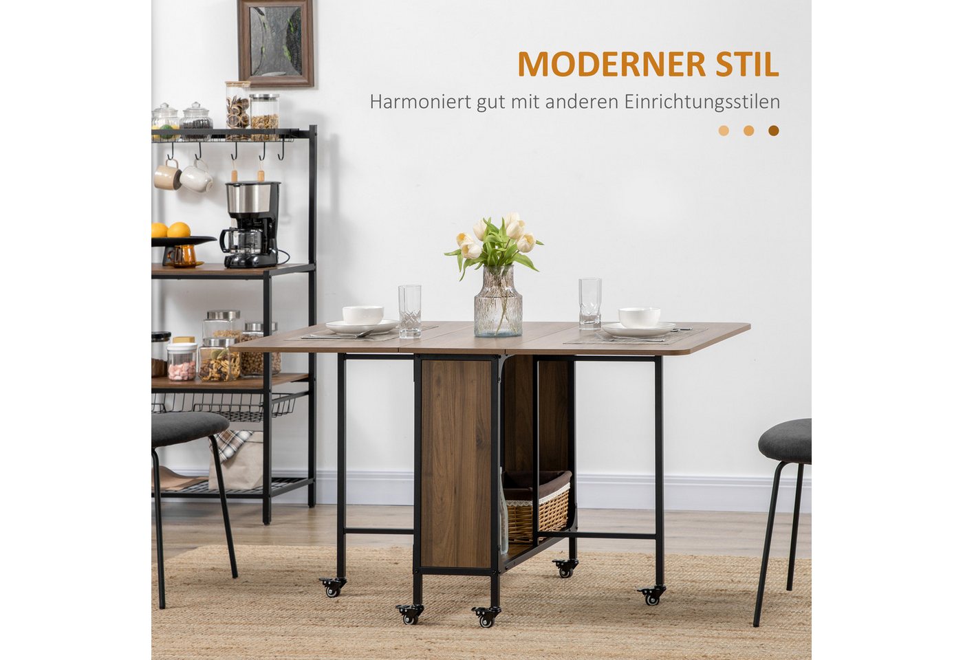 HOMCOM Klapptisch Mobiler mit offenem Regal, Holzoptik, für kleine Räume (Küchentisch, 1-St., Esstisch), für Wohnzimmer, Braun – Bild 4 von 5