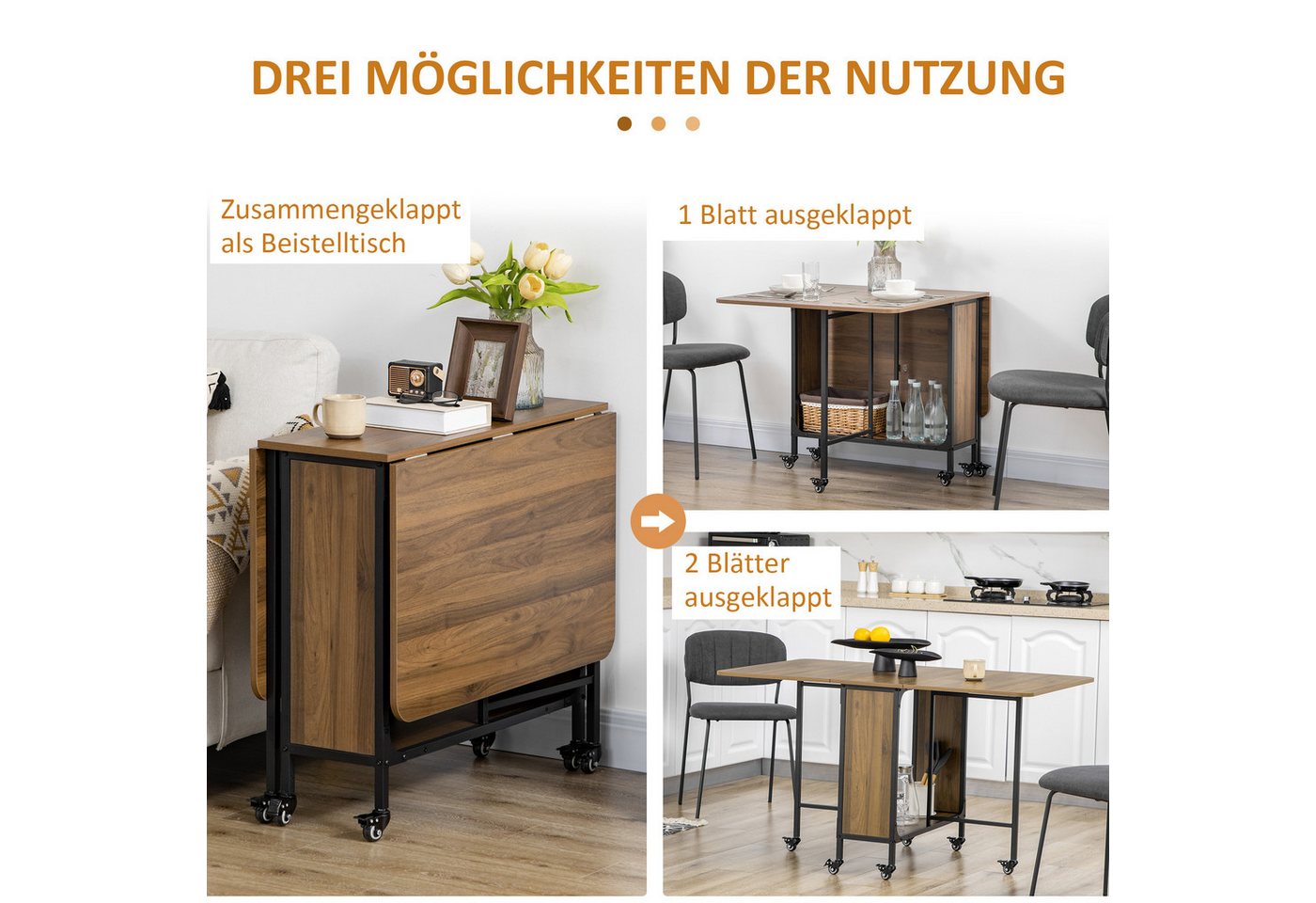 HOMCOM Klapptisch Mobiler mit offenem Regal, Holzoptik, für kleine Räume (Küchentisch, 1-St., Esstisch), für Wohnzimmer, Braun – Bild 5 von 5