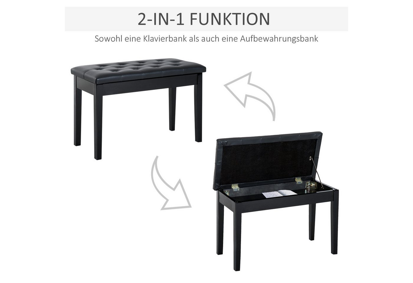 HOMCOM Klavierbank Pianobank, Massivholz Keyboardbank für Piano, Keyboard (Hocker, 1-St., Klavierhocker), Gummiholz Kunstleder Schwarz 76 x 36 x 50 cm – Bild 4 von 5