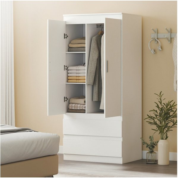 HOMCOM Kleiderschrank 2 Soft-Close-Türen, 2 Schubladen, Kleiderstange und 3 Einlegeböden (Garderobenschrank, 1-St., Schlafzimmerschrank) für Schlafzimmer, Weiß