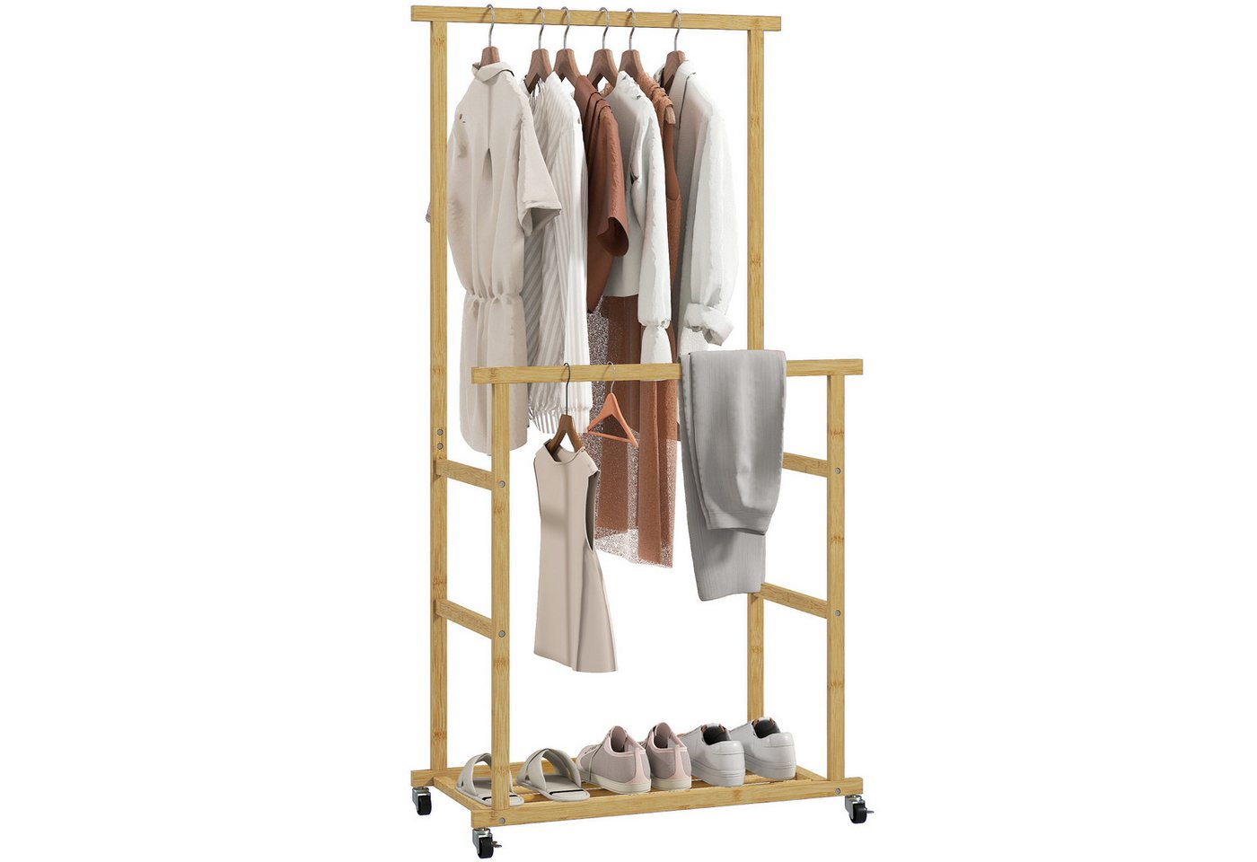 HOMCOM Kleiderständer Kleiderstange, Schuhablage, mit Rollen, mit Doppelstangen, (Garderobe aus Bambus, 1 St., Garderobenständer), für Schlafzimmer, Ausstellung – Bild 2 von 5