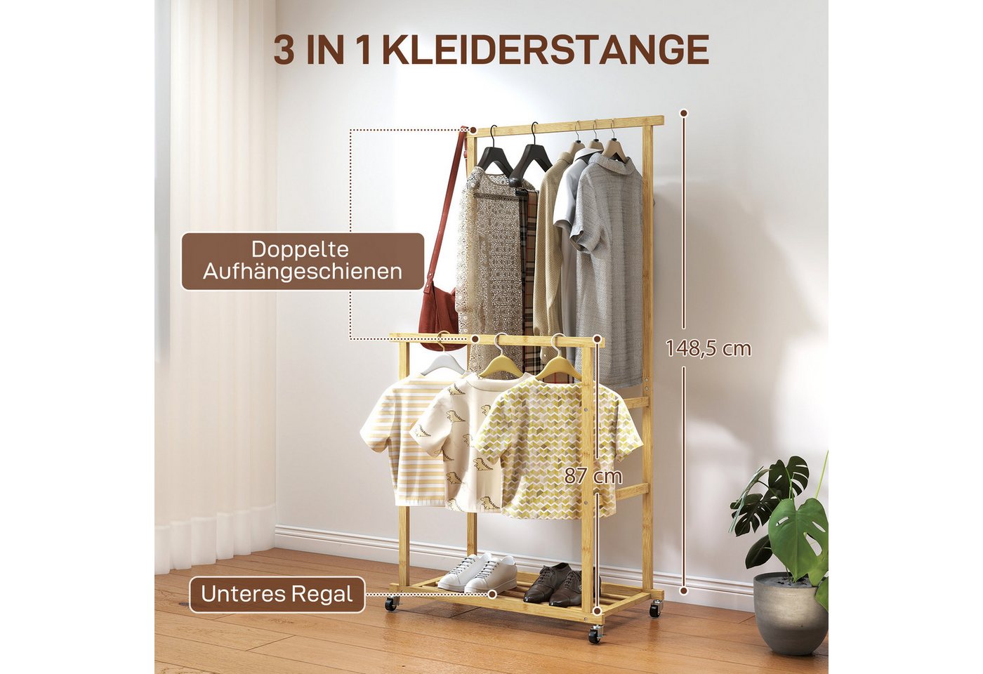 HOMCOM Kleiderständer Kleiderstange, Schuhablage, mit Rollen, mit Doppelstangen, (Garderobe aus Bambus, 1 St., Garderobenständer), für Schlafzimmer, Ausstellung – Bild 4 von 5