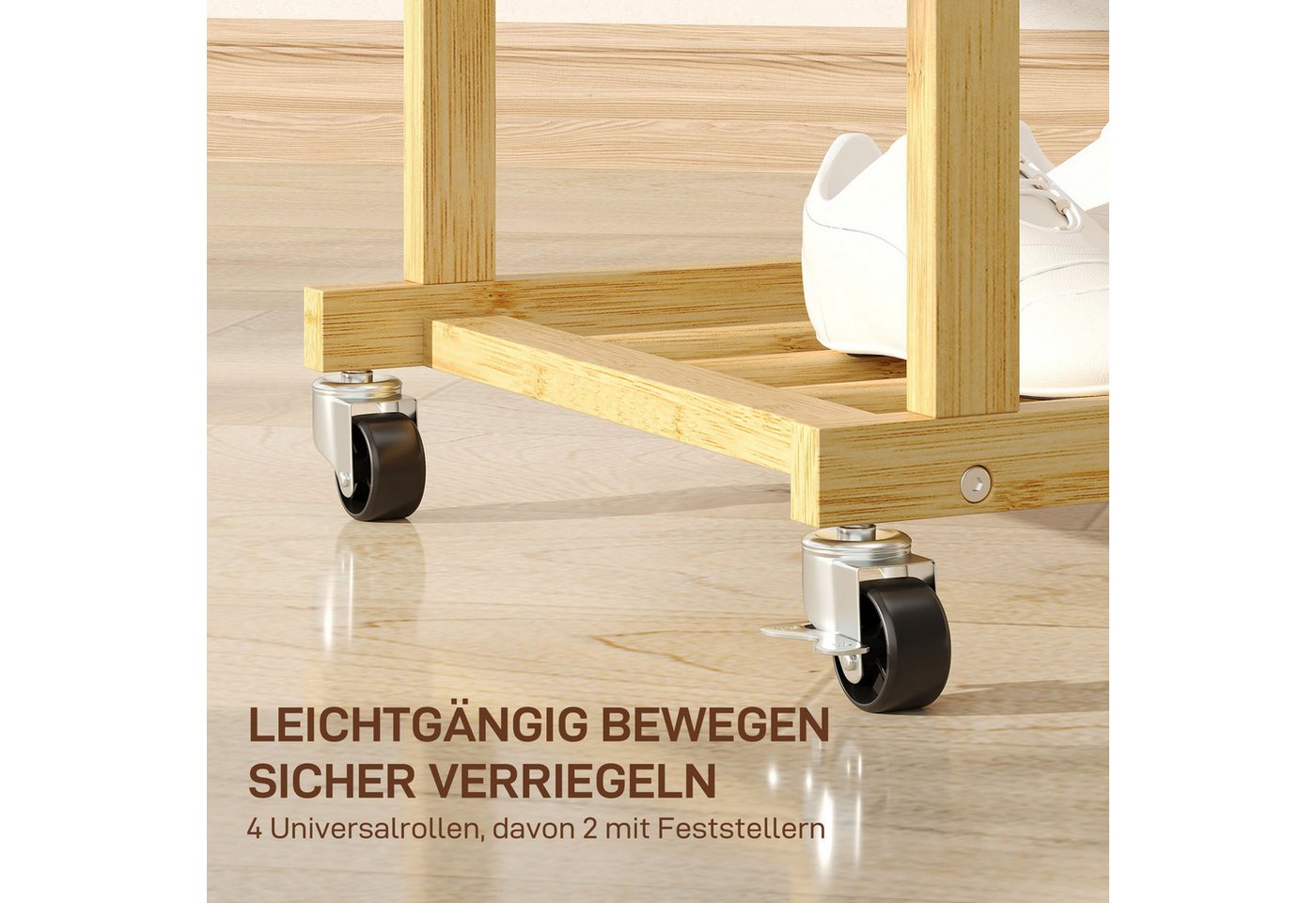 HOMCOM Kleiderständer Kleiderstange, Schuhablage, mit Rollen, mit Doppelstangen, (Garderobe aus Bambus, 1 St., Garderobenständer), für Schlafzimmer, Ausstellung – Bild 5 von 5