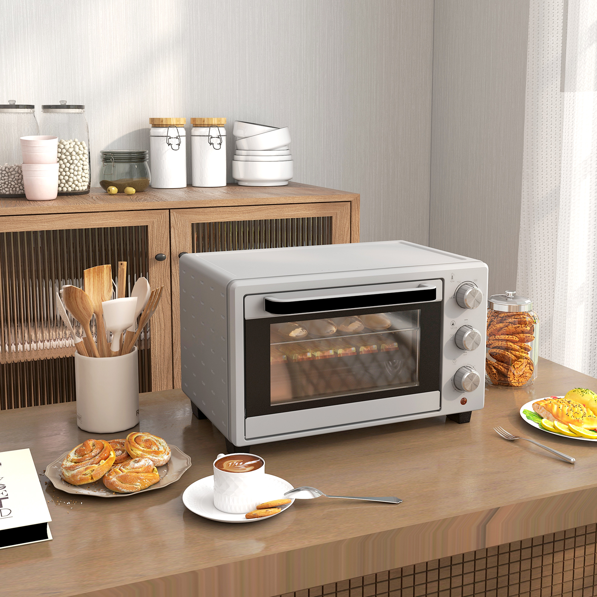 HOMCOM kleine Backofen 21L, 100°C-230°C, 1 Std. Timer, mit 3 Kochmodi, Drahtgestell, Backblech, Edelstahl, 46L x 38,5B x 29H cm, Silber Aosom – Bild 2 von 2