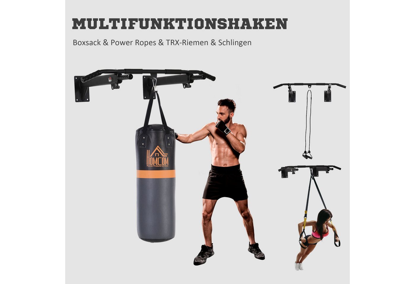 HOMCOM Klimmzugstange Klimmzugstange Pull Up Bar mit rutschfest Griffe, Stahl Schwarz (Reckstange mit Ösen für Boxsack, 1-tlg., Stahl, Schwarz), 93,5 x 65 x 17  – Bild 5 von 5