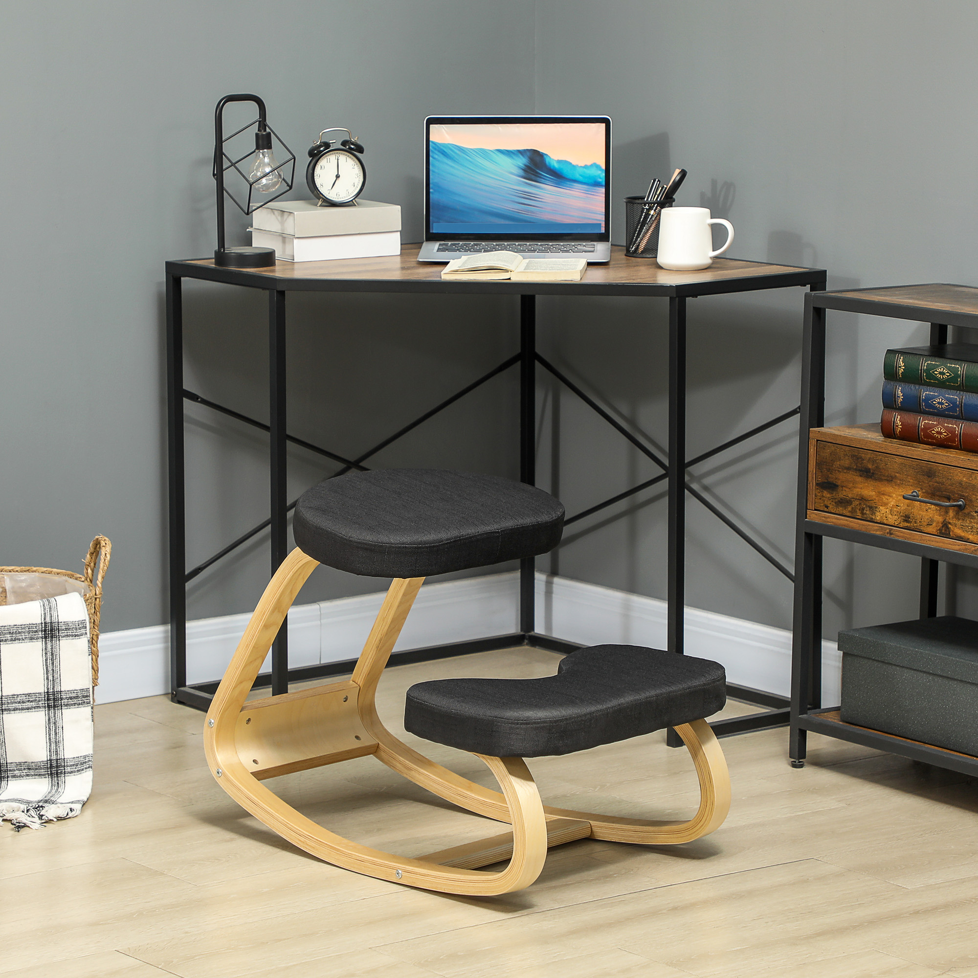 HOMCOM Kniesessel mit Wippbewegung, Ergonomischer Posturaler Stuhl aus Leinenstoff und Birkenholz, 50x73x55 cm, Schwarz Aosom – Bild 2 von 2