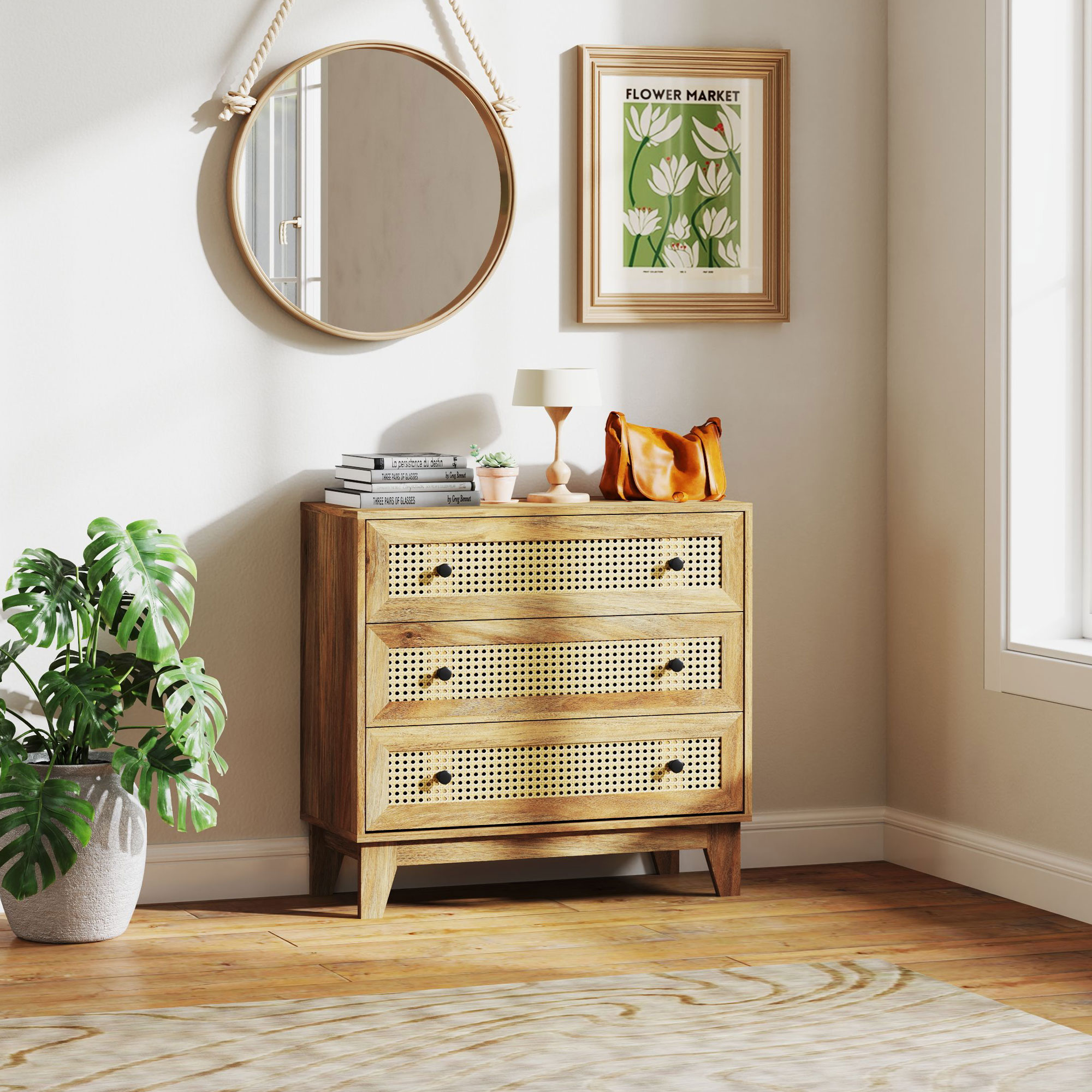 HOMCOM Kommode 3 Schubladen Aufbewahrungsmöbel mit Rattanbespannung 80 x 35 x 76 cm helles Holzoptik Aosom – Bild 2 von 2