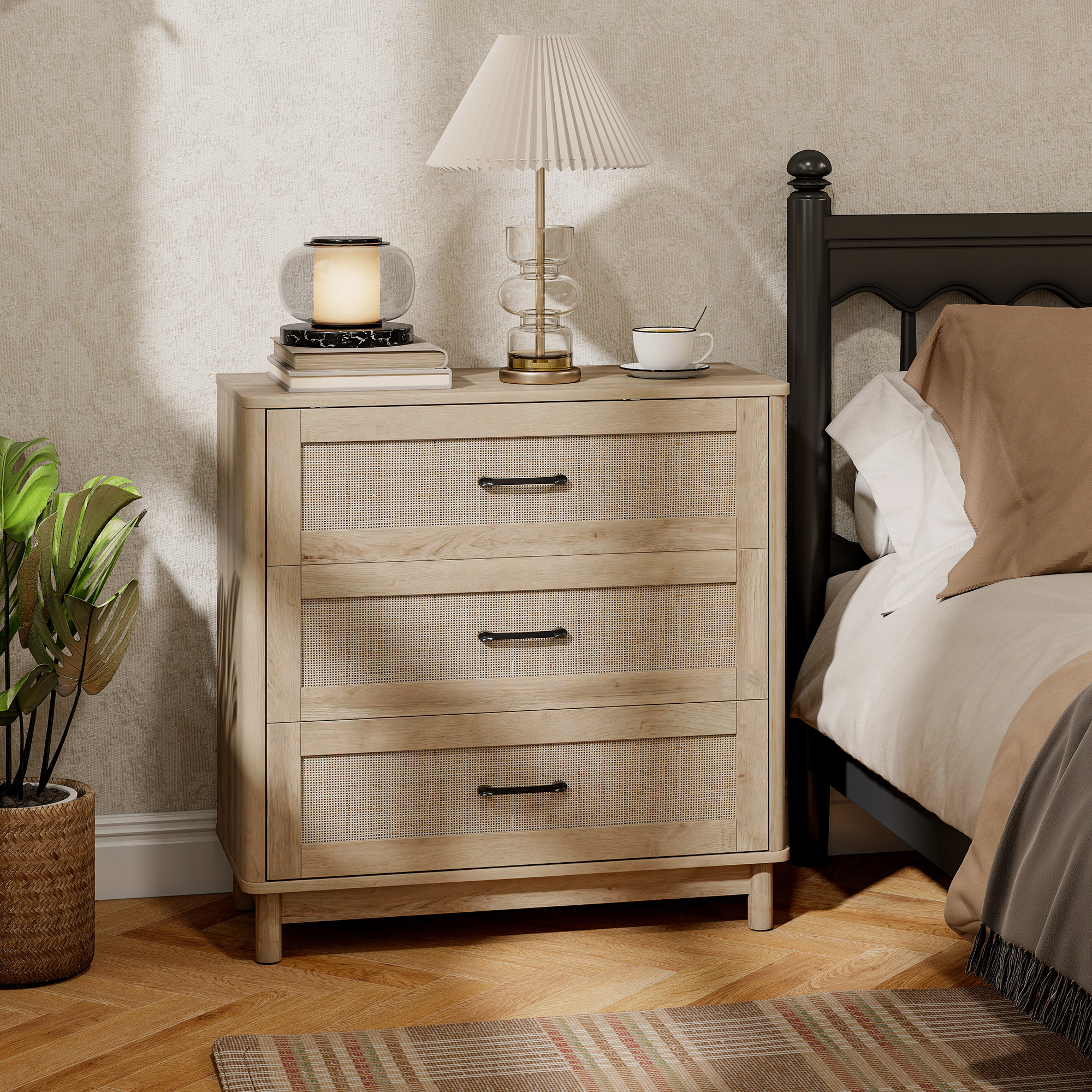 HOMCOM Kommode 3 Schubladen aus Rattan, Aufbewahrungsmöbel, Schubladenschrank, Massivholzfüße, Boho-Stil, Kommode für Schlafzimmer, Wohnzimmer, Flur, 76 x 35 x  – Bild 2 von 2