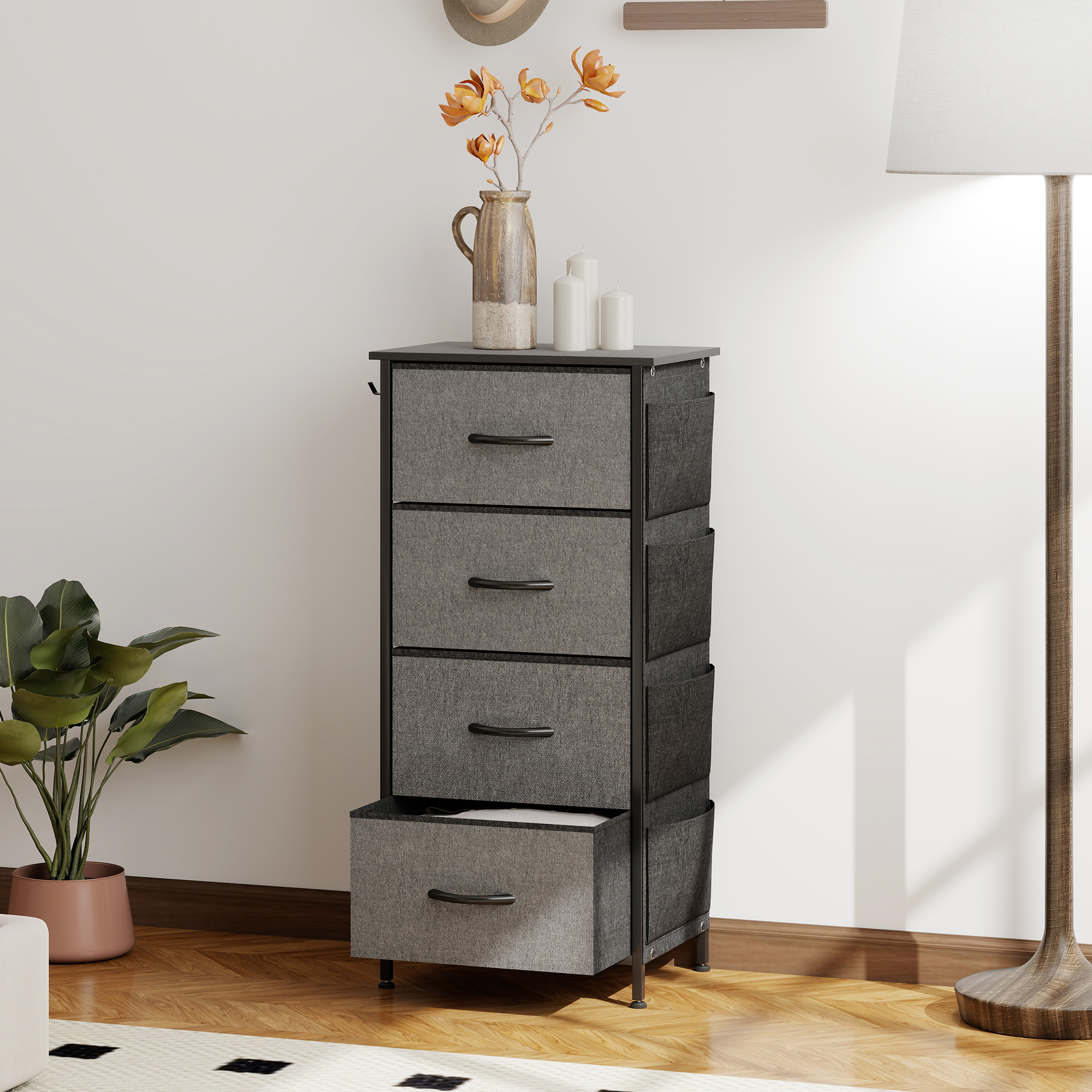 HOMCOM Kommode 4 Schubladen aus Stoff, Aufbewahrungsmöbel mit 4 Taschen, 2 Haken, Stahlgestell, Kommode für Wohnzimmer, Schlafzimmer, Flur, grau Aosom – Bild 2 von 2