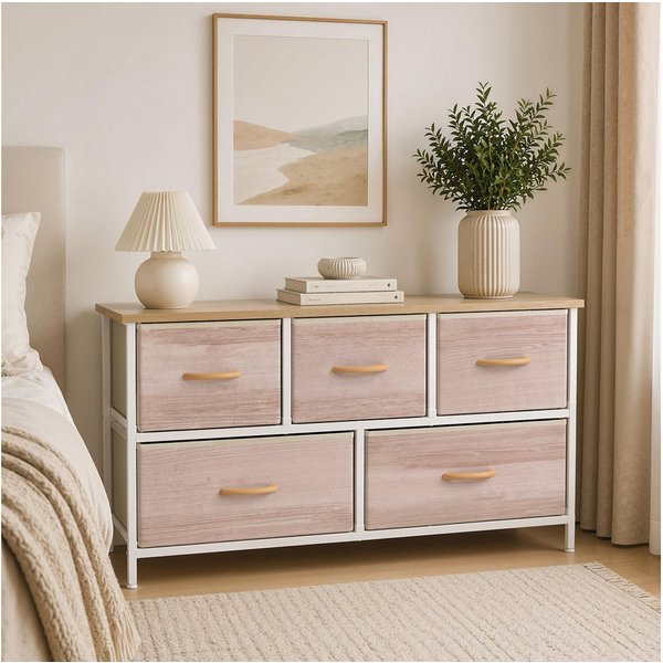 HOMCOM Kommode 5 Schubladen Stoff Schubladenschrank mit Metallrahmen Naturholz (Schrank, 1 St., Aufbewahrungsschrank), für Wohnzimmer, Schlafzimmer, 100x30x51,5