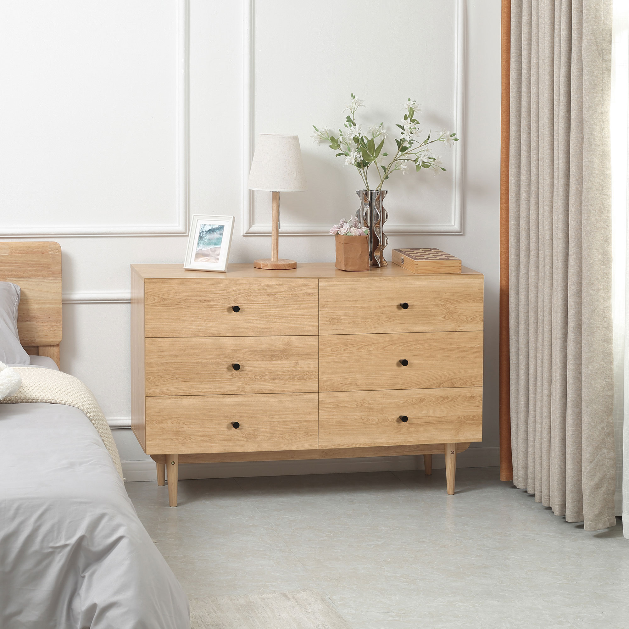 HOMCOM Kommode 6 Schubladen Aufbewahrungsschrank Massivholzbeine 120 x 40 x 80 cm Holzfarbe Aosom – Bild 2 von 2